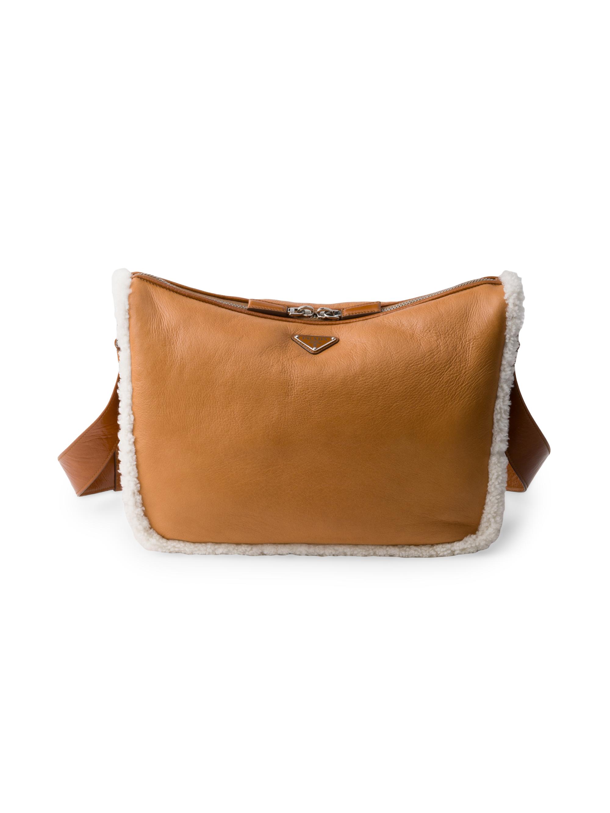 Prada Men's Shearling Shoulder Bag - Brown