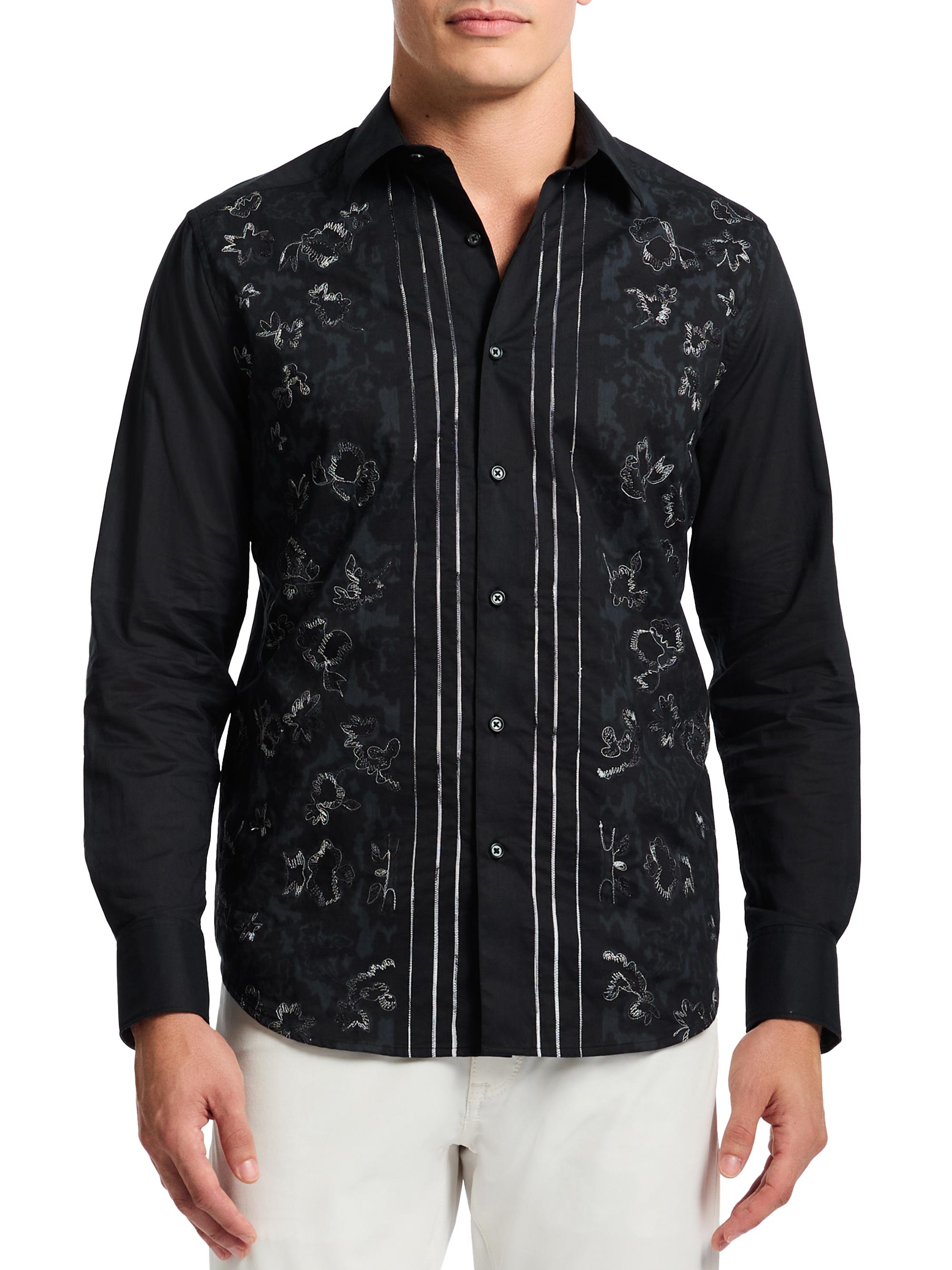 Robert Graham Men's Havana Embroidered-Floral Cotton Button-Front Shirt - Black