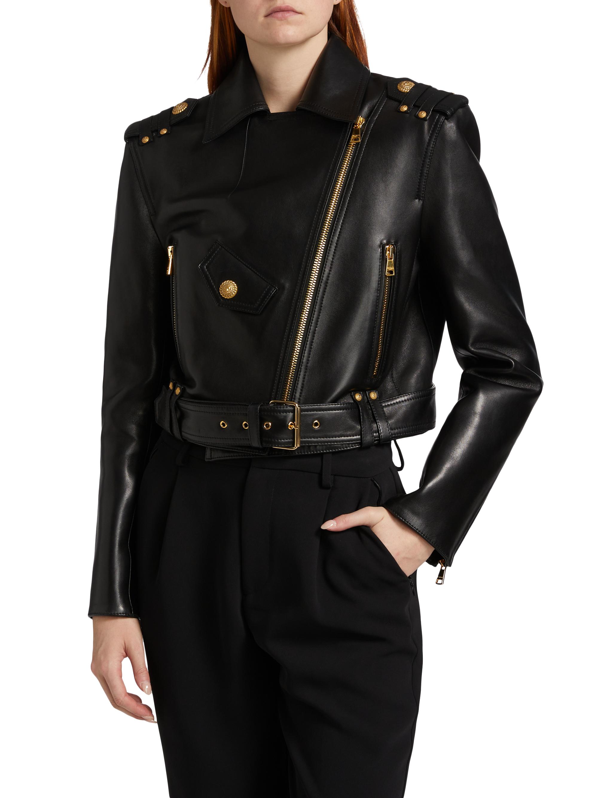 Balmain Crop Leather Biker Jacket | Saks Fifth Avenue