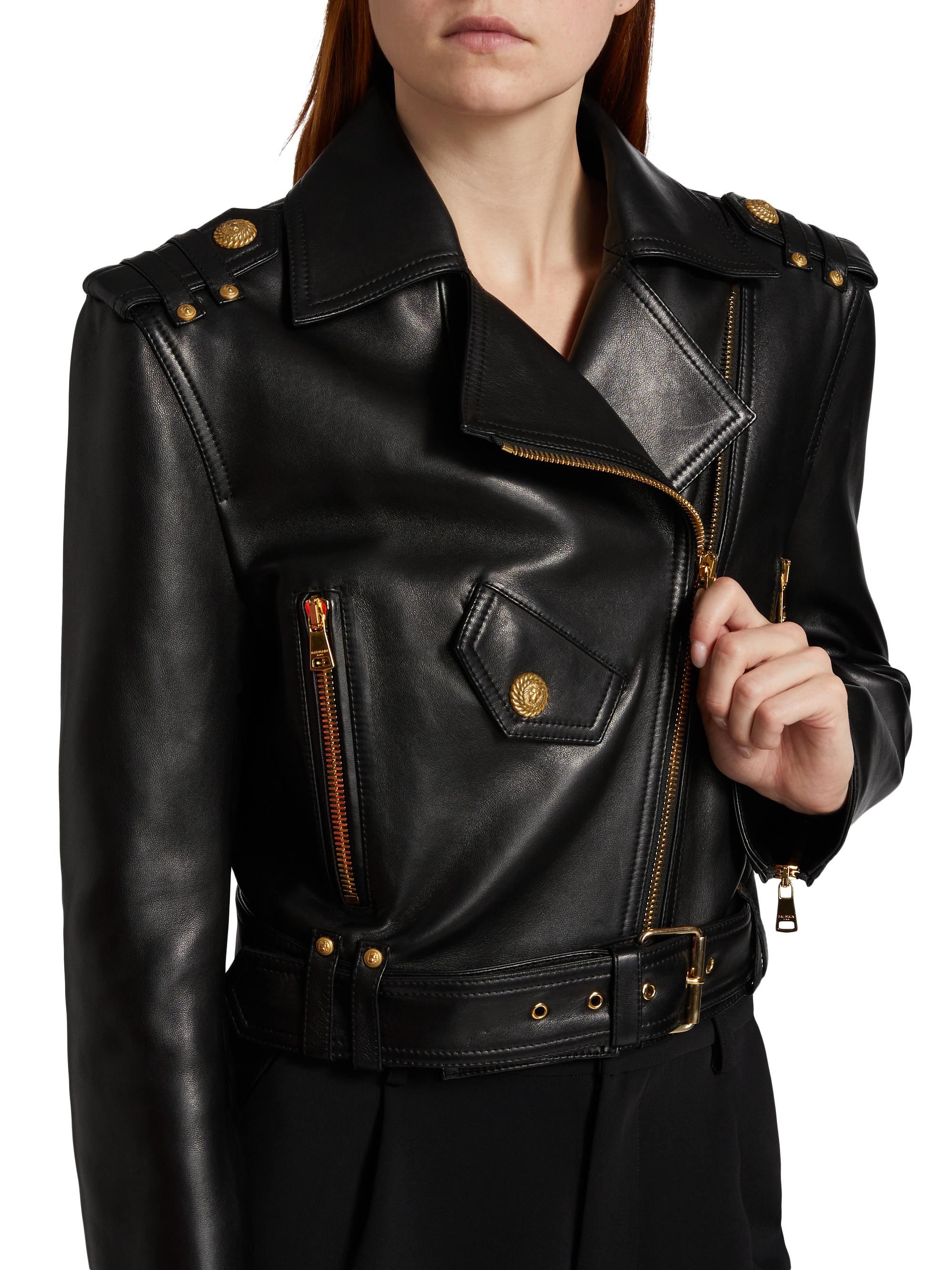 Balmain Crop Leather Biker Jacket | Saks Fifth Avenue