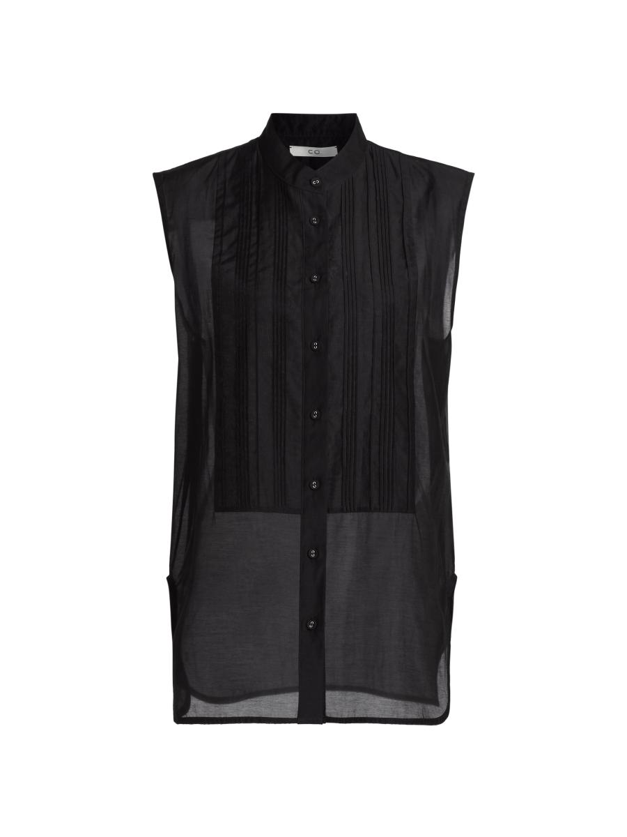 Co Women's Sheer Tton-silk Sleeveless Tuxedo Shirt In Black