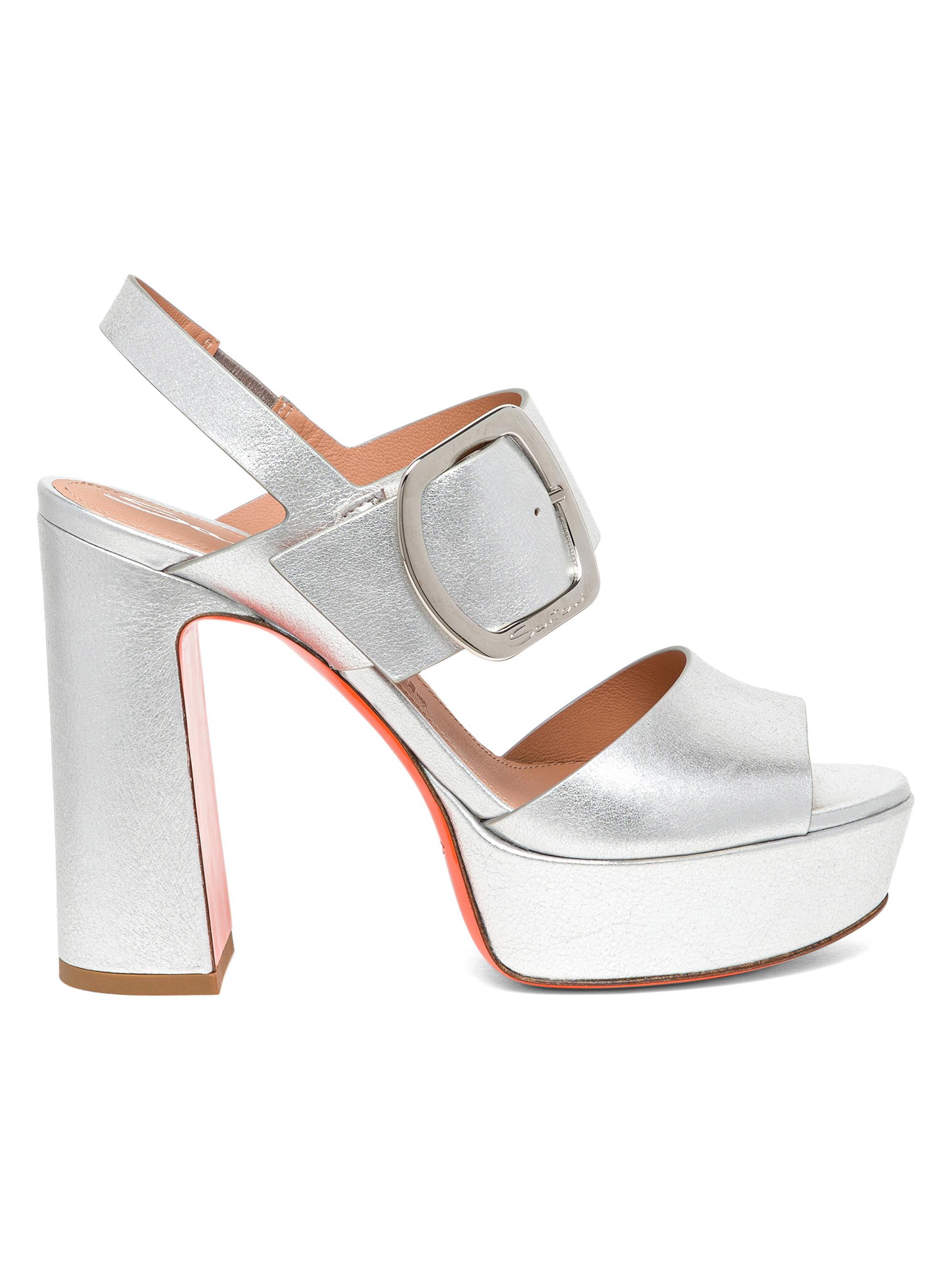 Santoni Women's Metallic Leather Buckle Platform Sandals - Silver