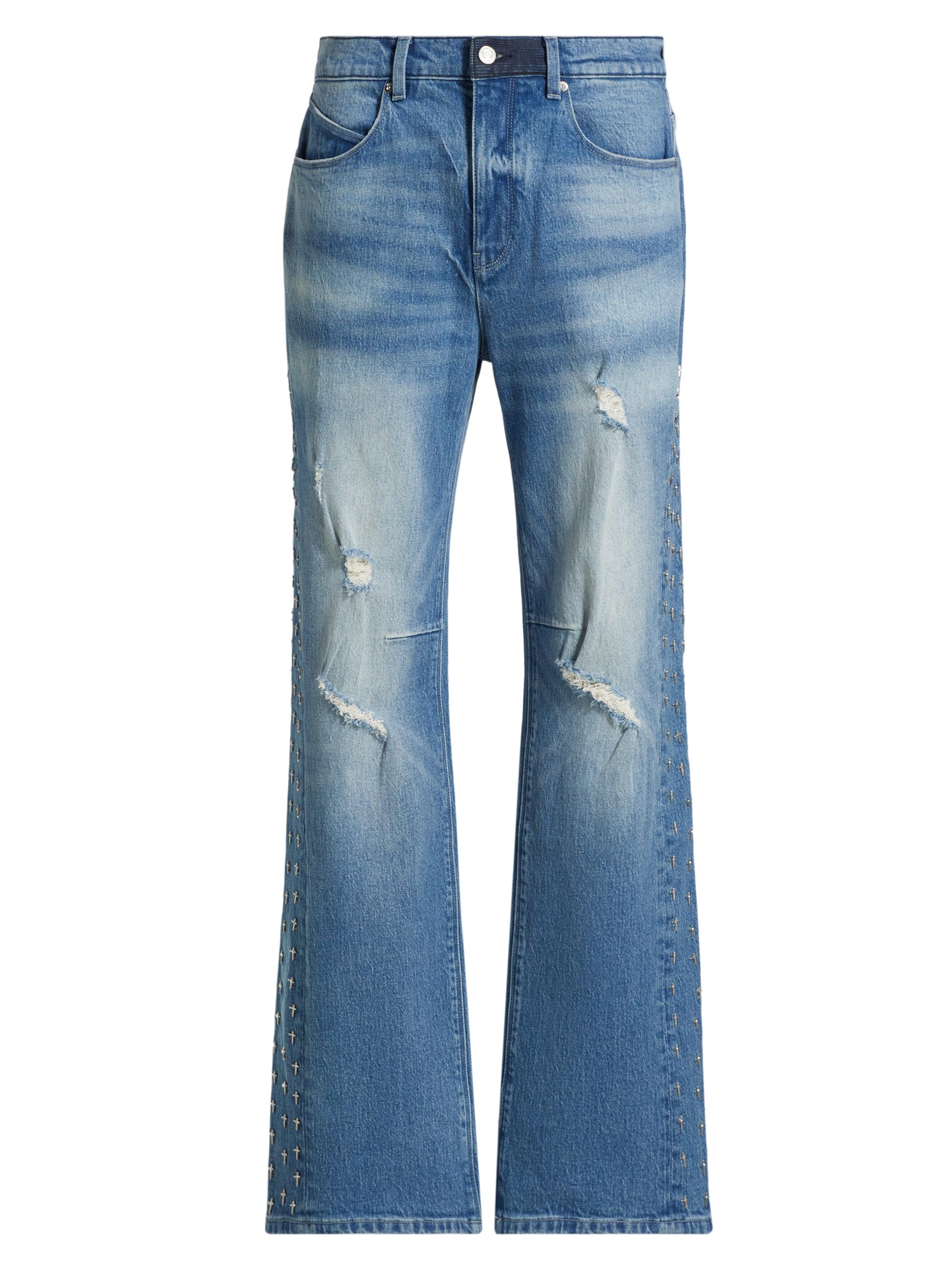 RTA Men's Underworld Zed Bead-Embroidered Flared Jeans - Blue Cross Panel