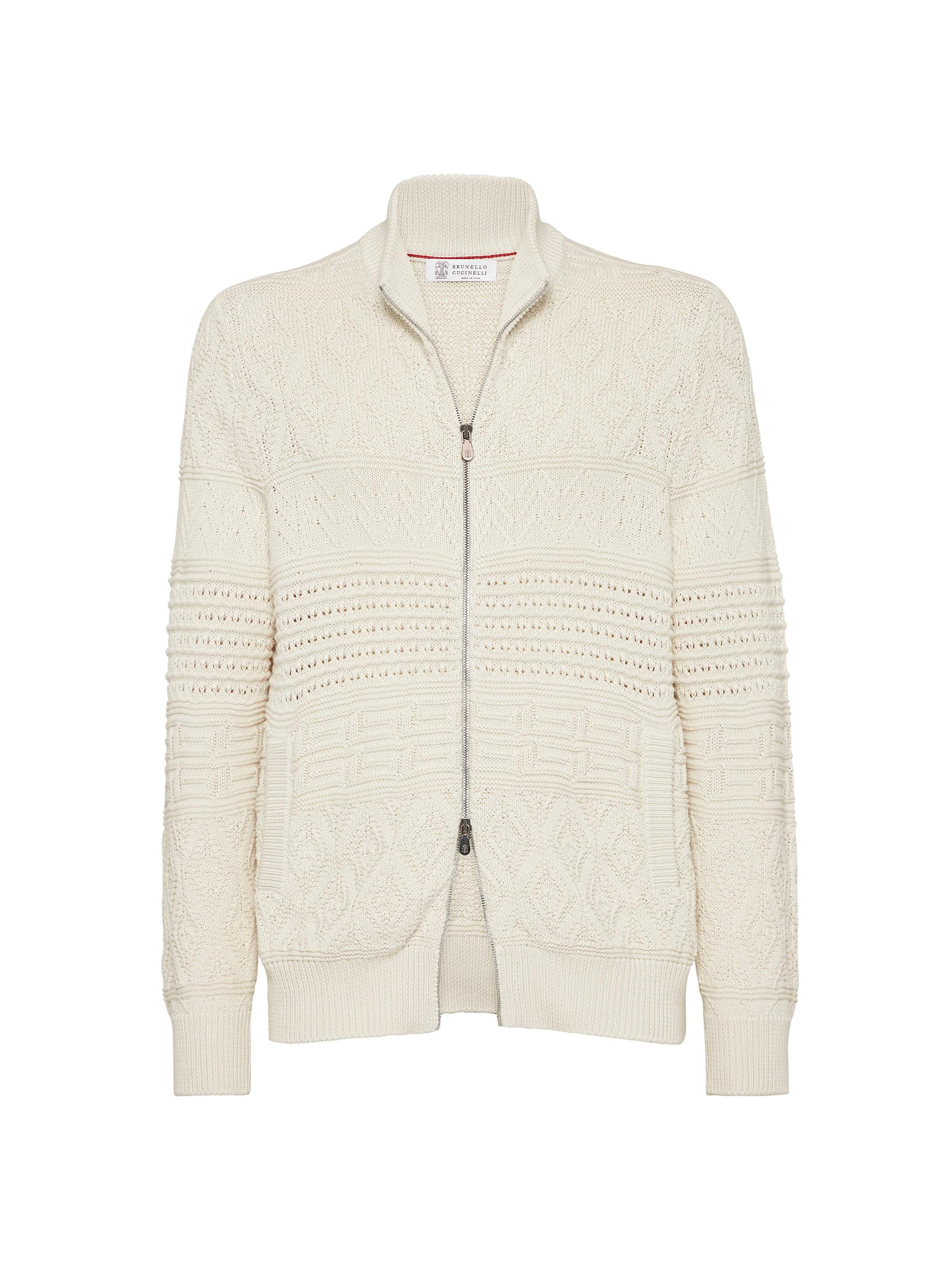 Brunello Cucinelli Men's Heritage Stitch Cardigan in Cotton with Zipper - Ecru