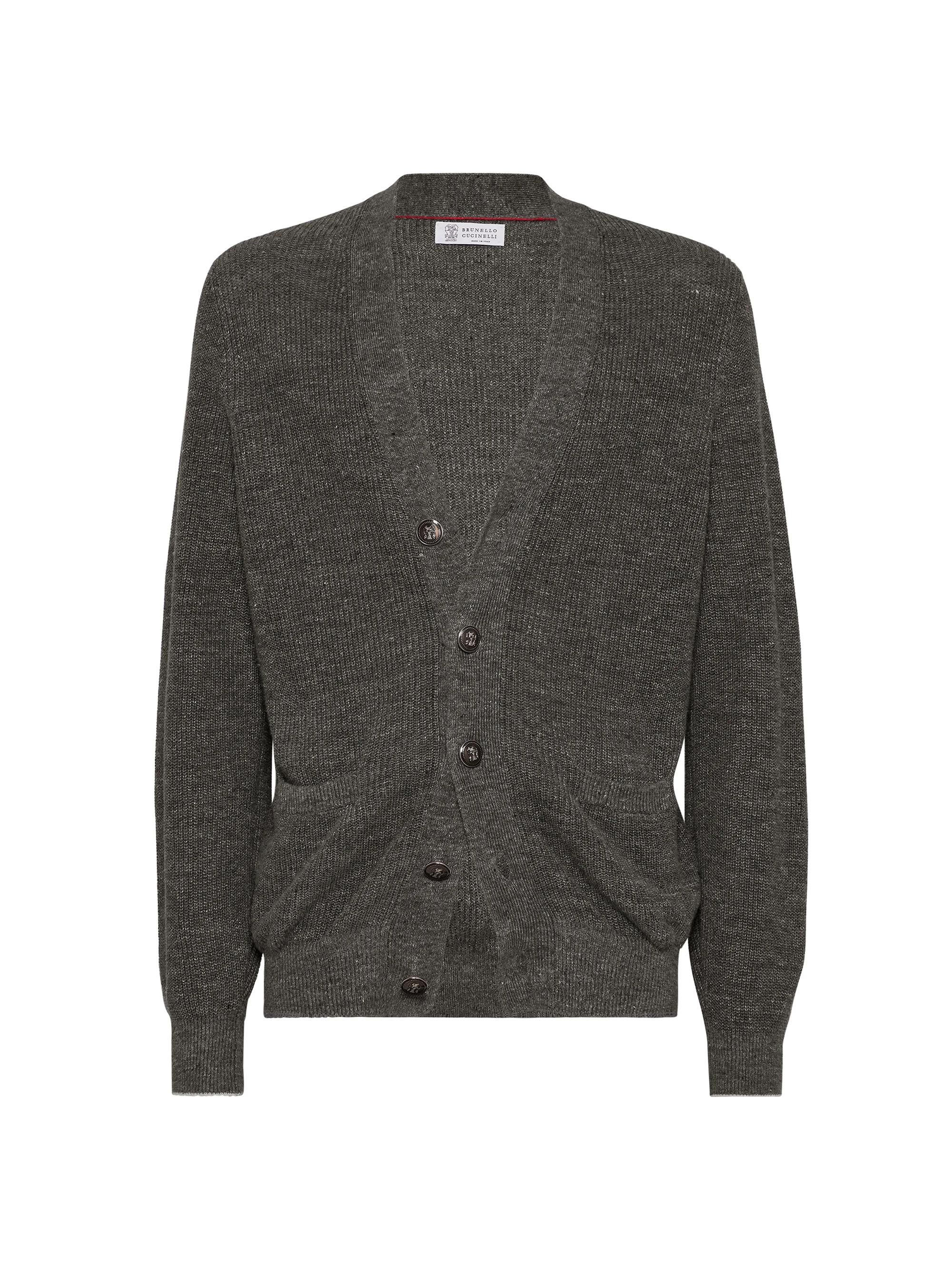 Brunello Cucinelli Men's Linen and Cotton Half English Rib Cardigan with Metal Buttons - Dark Grey