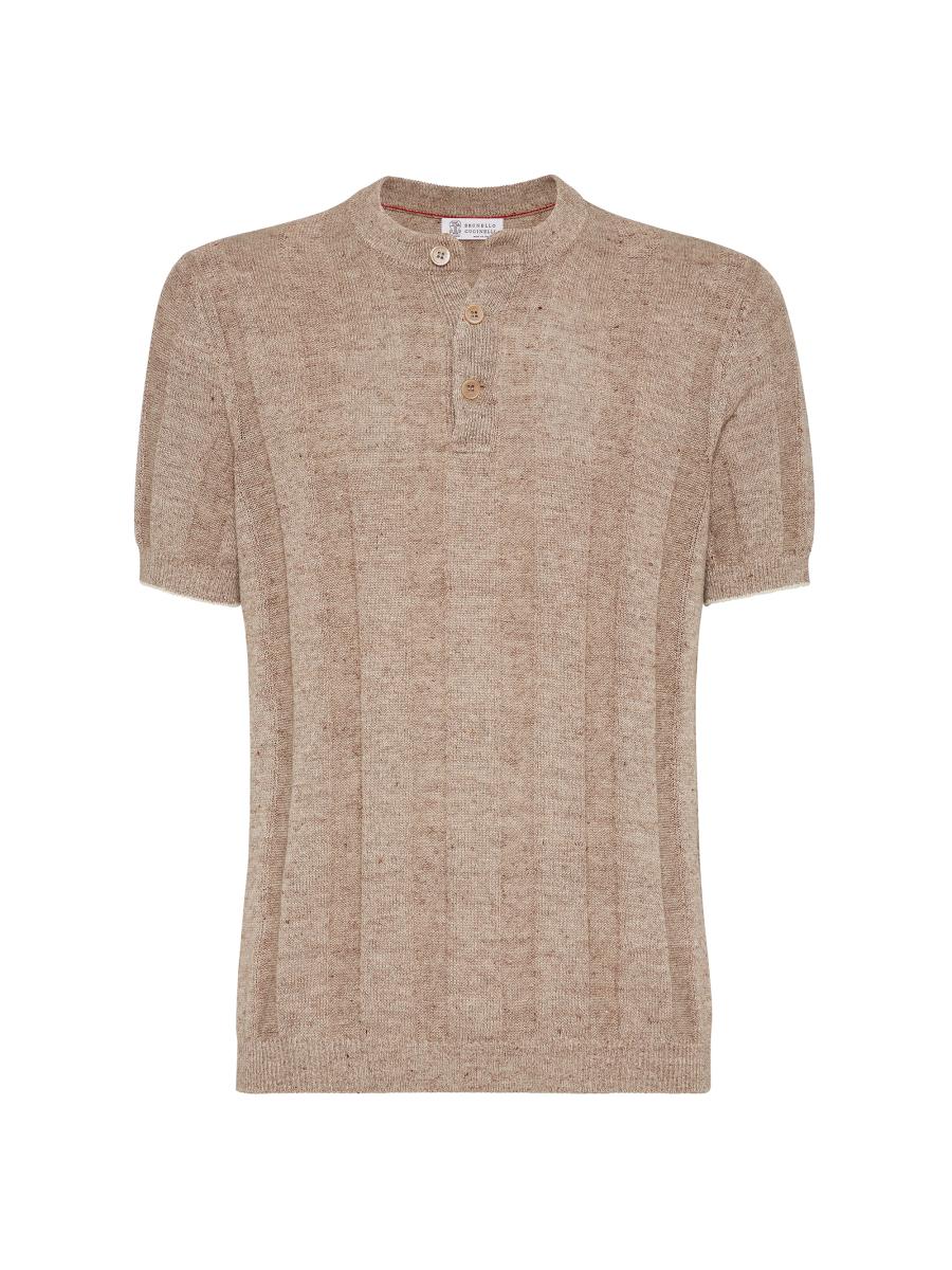 【関税＆送料込み】Brunello Cucinelli Ribbed T-Shirt Pocket Brunello Cucinelli - Bark Linen & Cotton Ribbed Short Sleeve