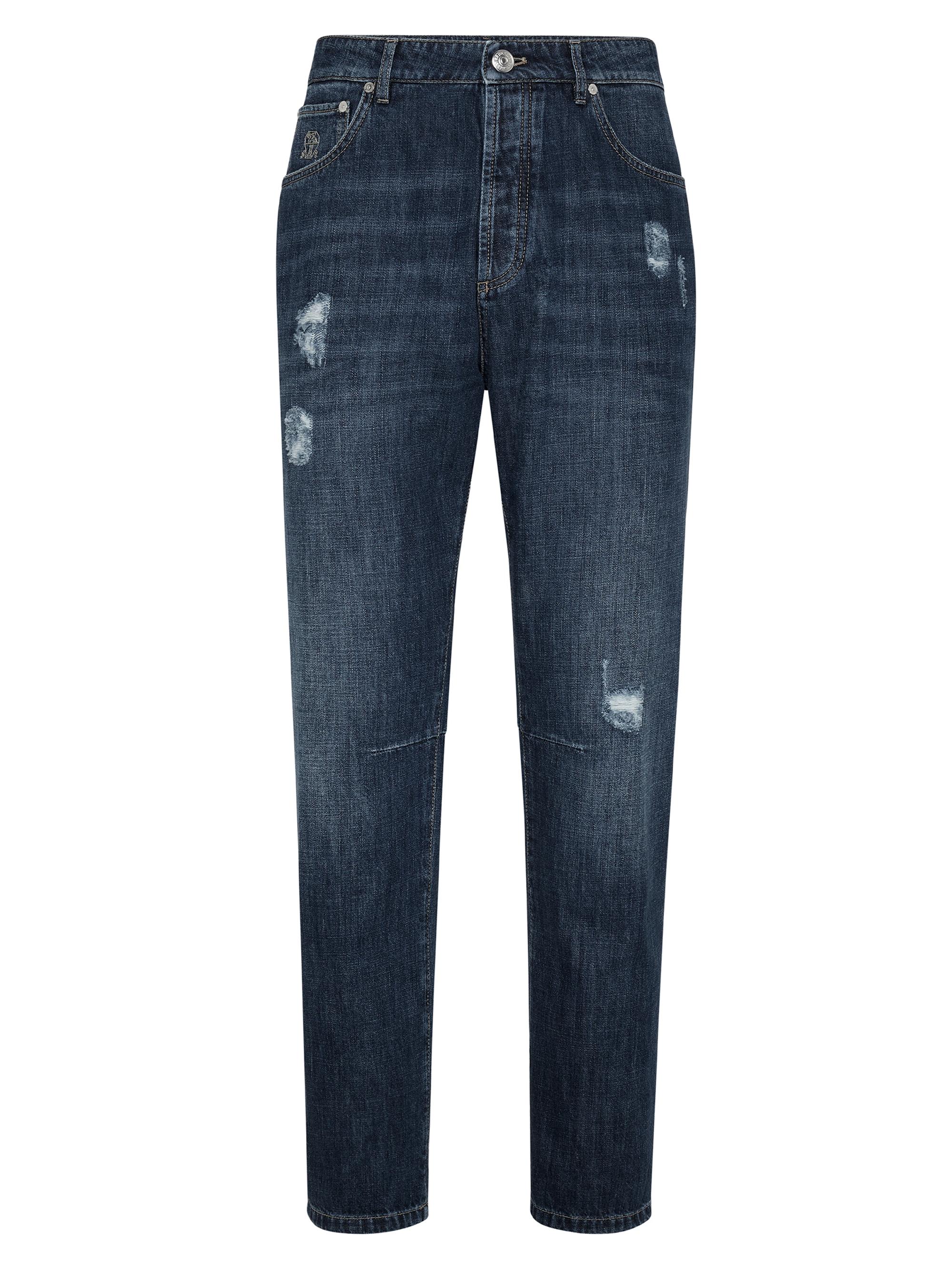 Brunello Cucinelli Men's Lightweight Denim Leisure Fit Five Pocket Jeans with Rips - Dark Denim