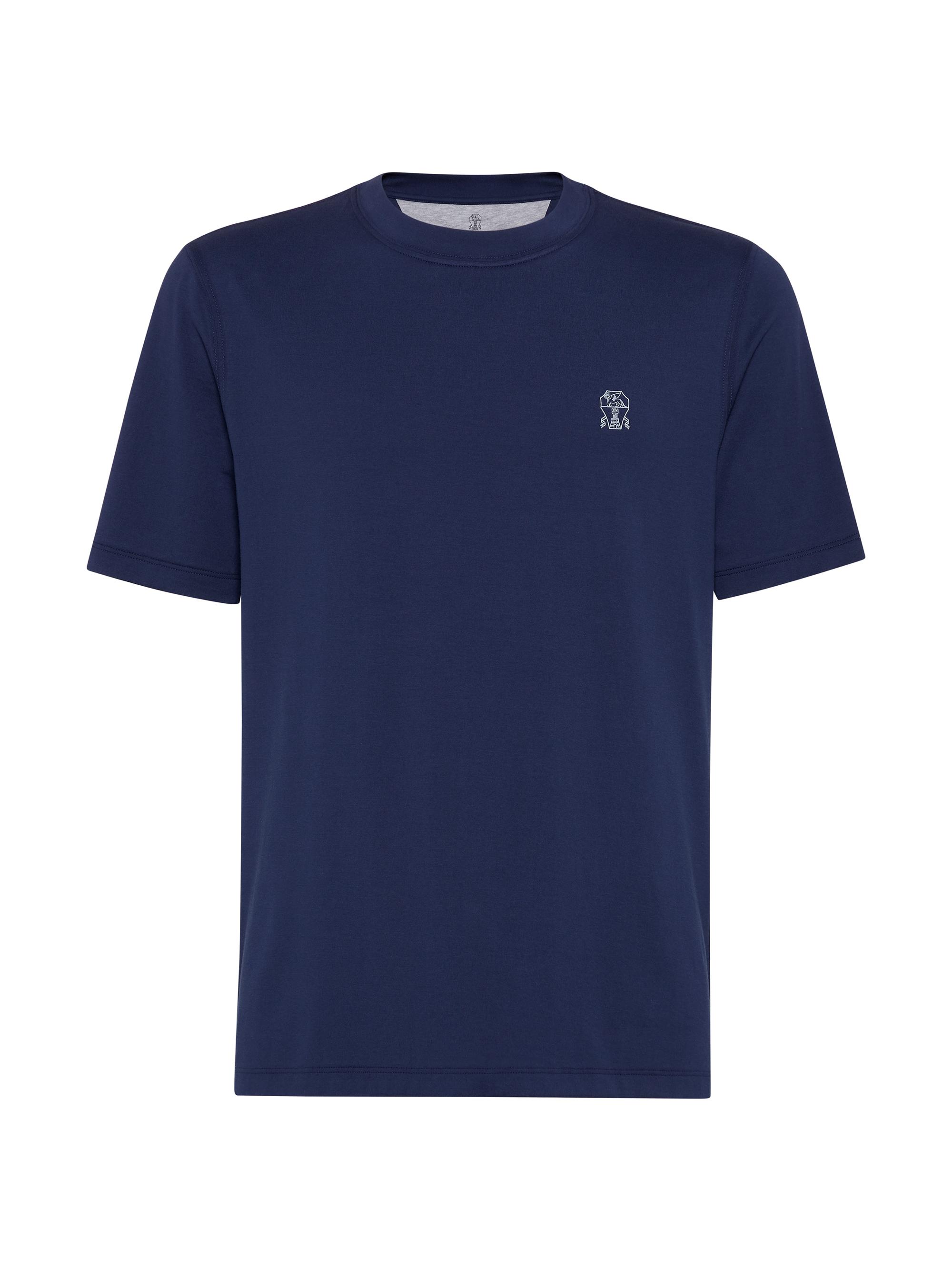 Brunello Cucinelli Men's Cotton Jersey Crewneck T-Shirt with Logo - Blue