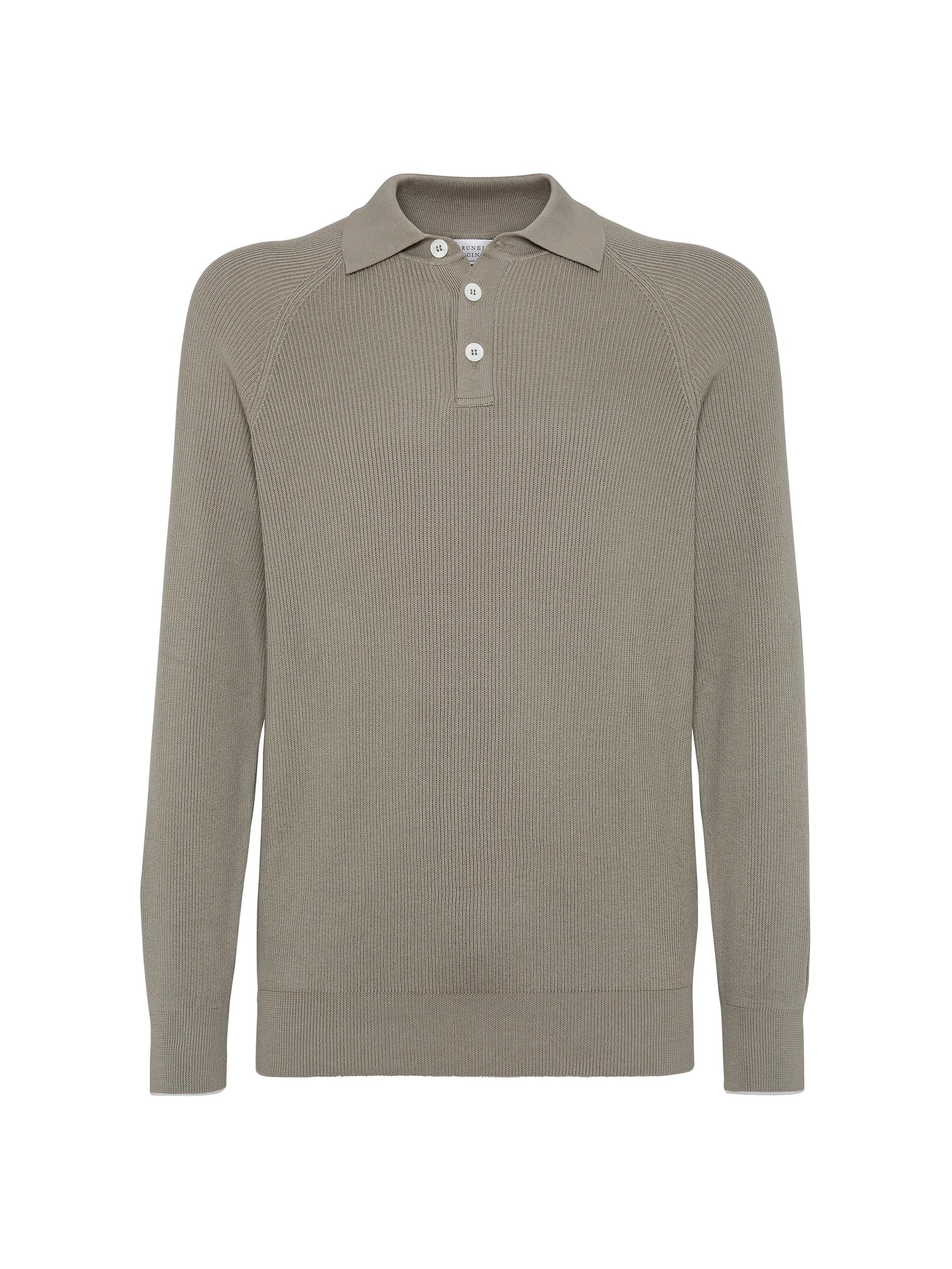 Brunello Cucinelli Men's Cotton English Rib Knit Polo Shirt with Long Raglan Sleeves - Khaki