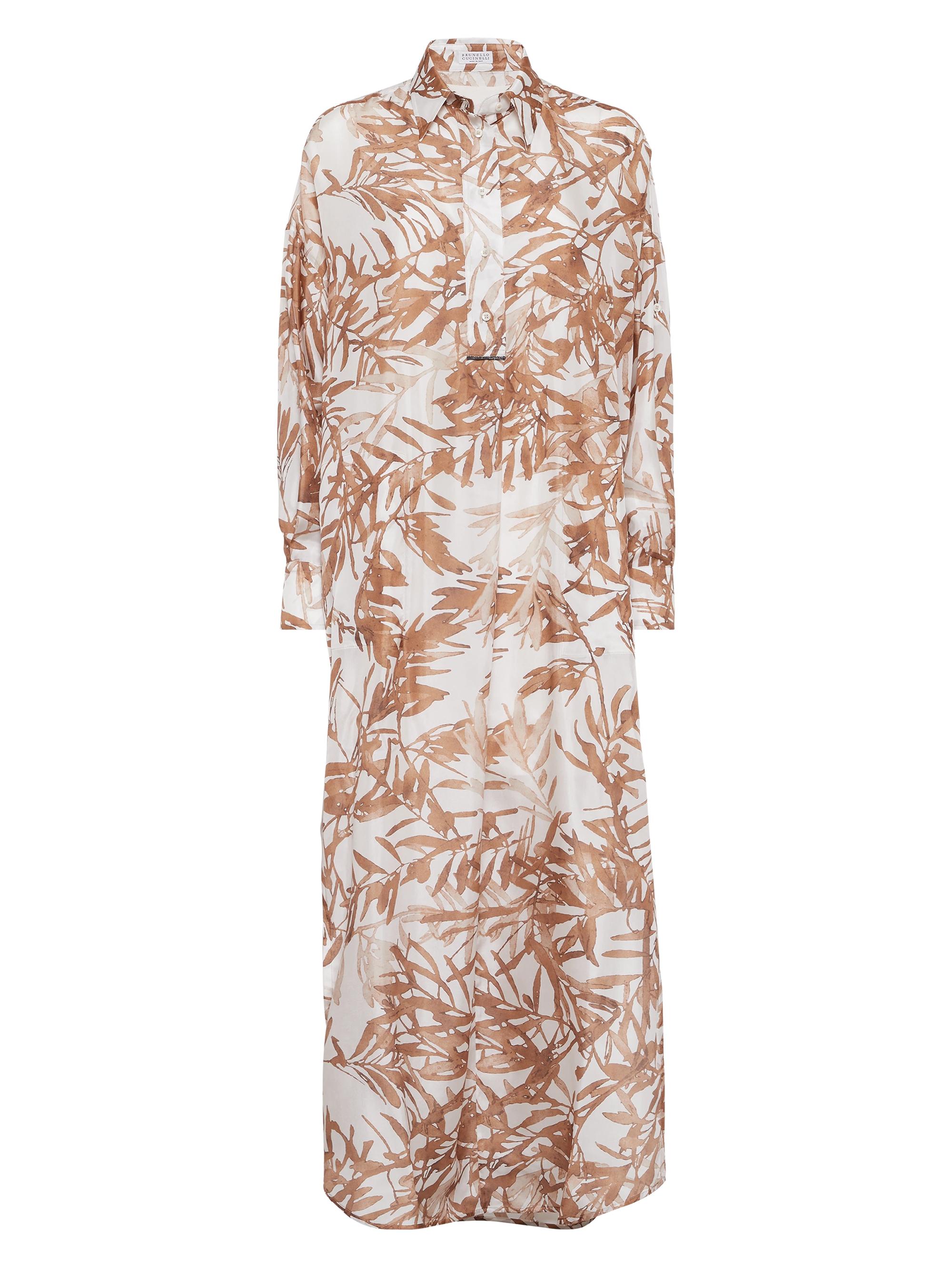 Brunello Cucinelli Women's Silk Herbarium Print Pongee Shirt Dress with Monili - Brown