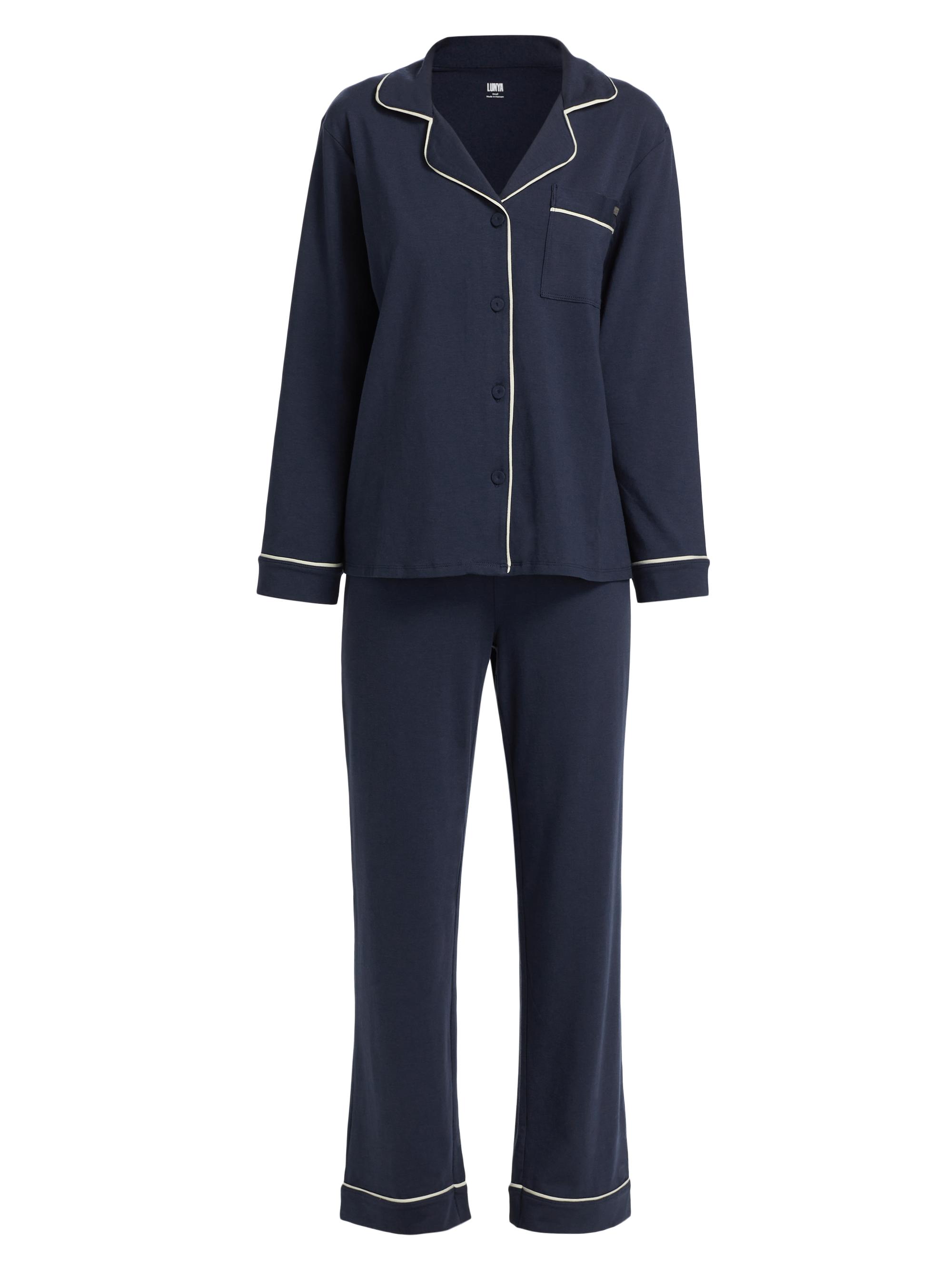 Lunya Women's Slumberknit Essential Pajamas - Deep Blue Swan White
