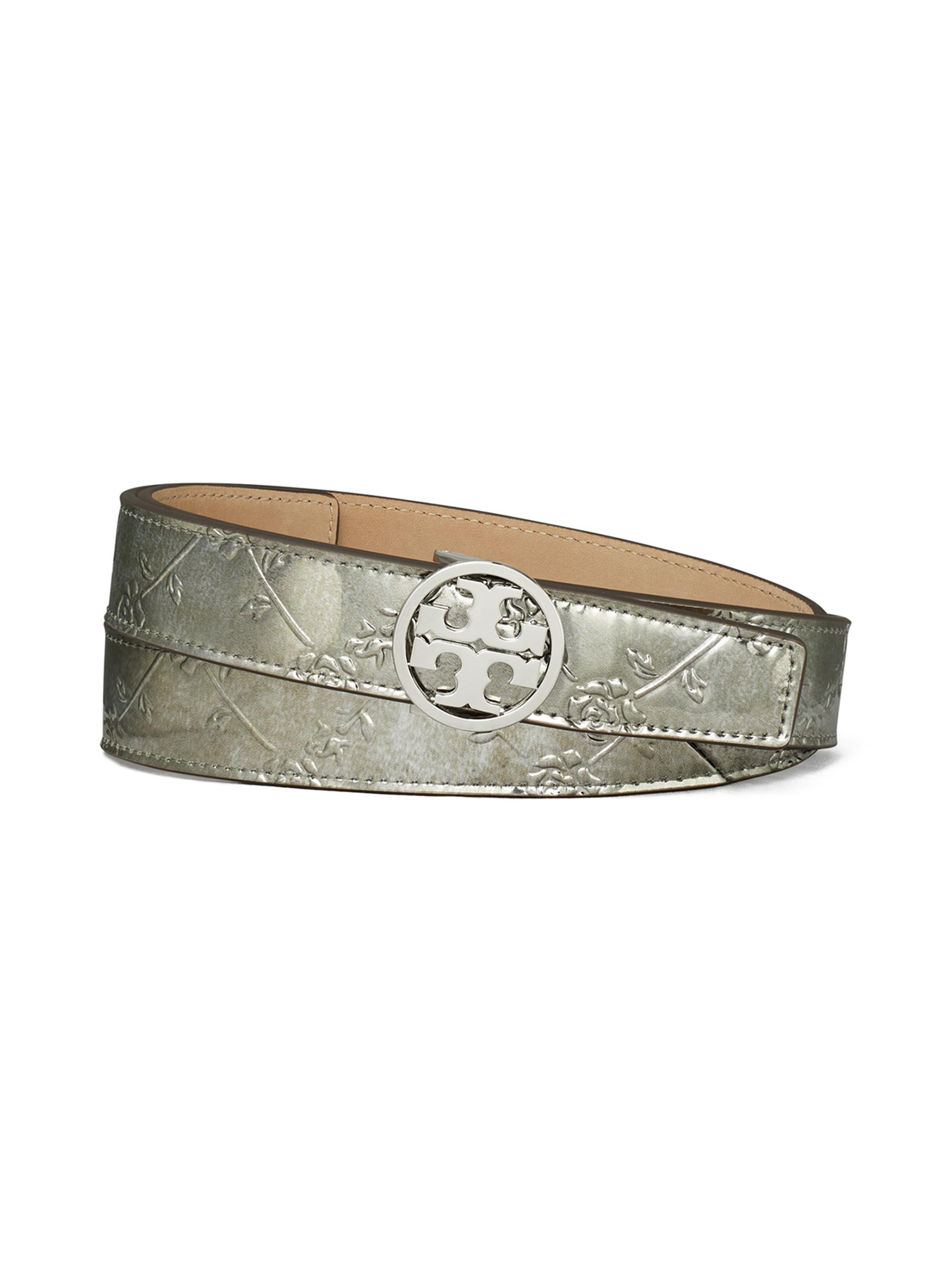 Tory Burch Women's Miller Floral Embossed Leather Metallic Belt - Pewter