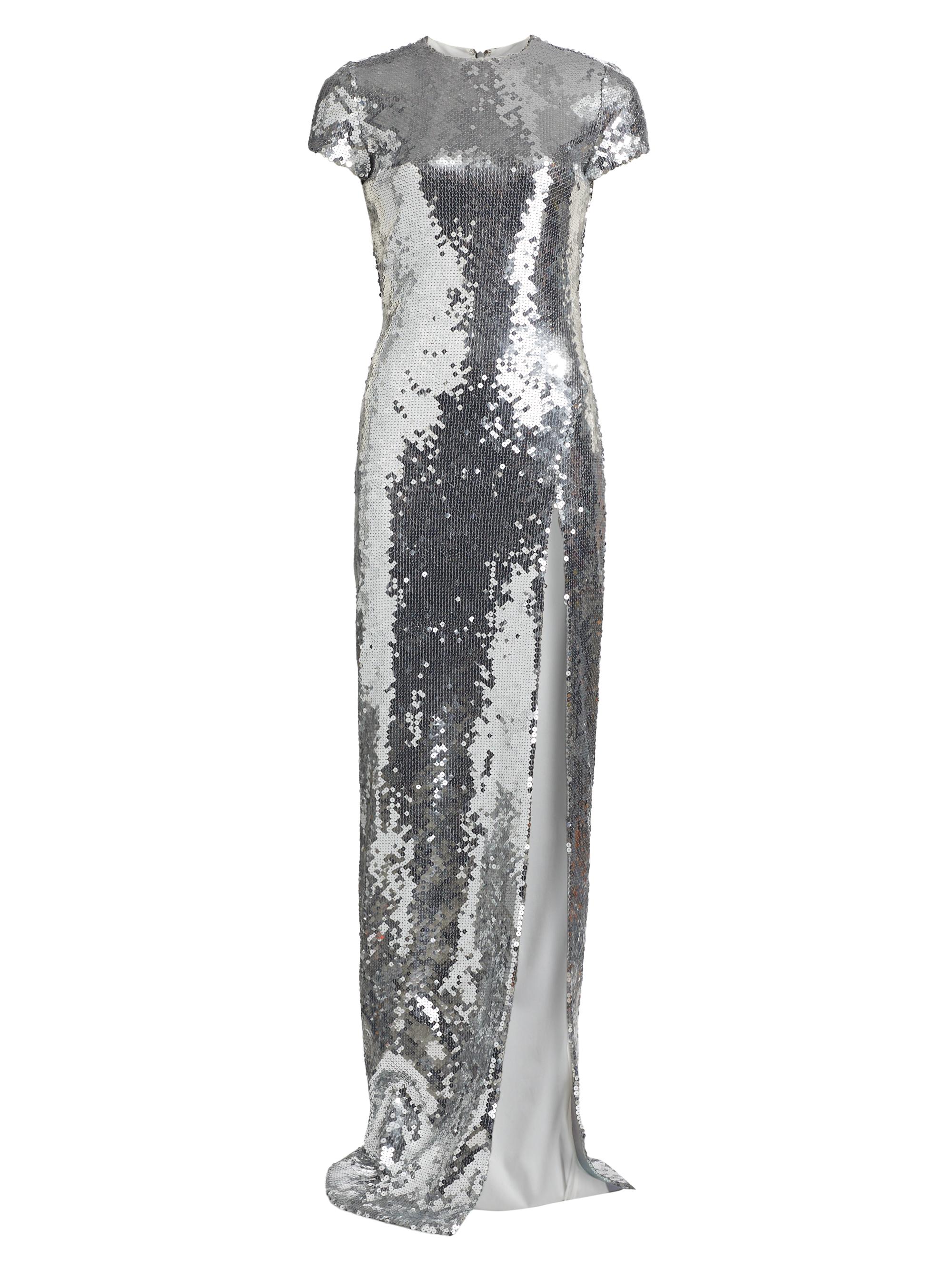 Sergio Hudson Women's Metallic Sequin Short-Sleeve Slit Gown - Silver