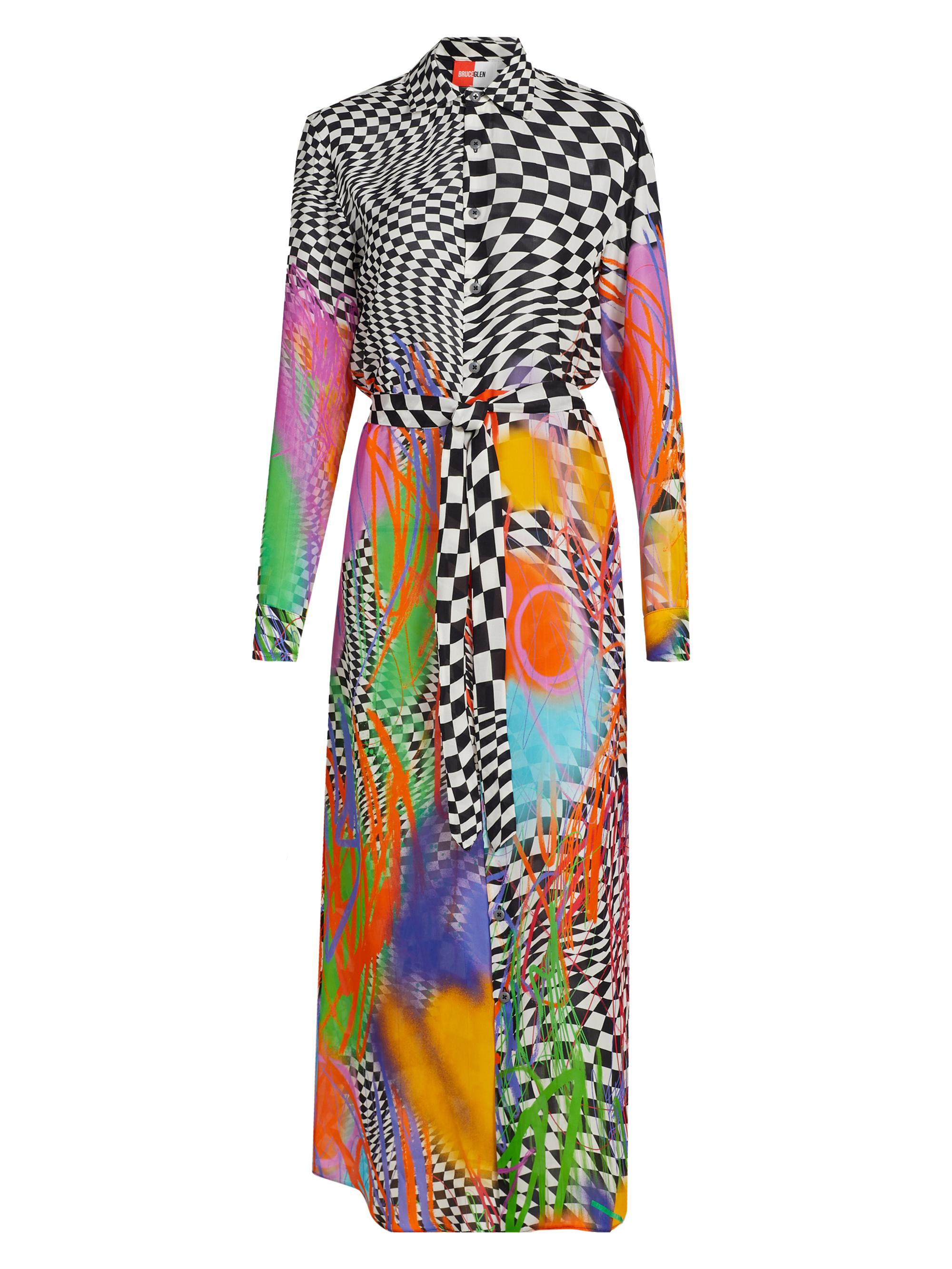 BruceGlen Women's Scribble Check Double Georgette Silk Maxi Shirtdress - White