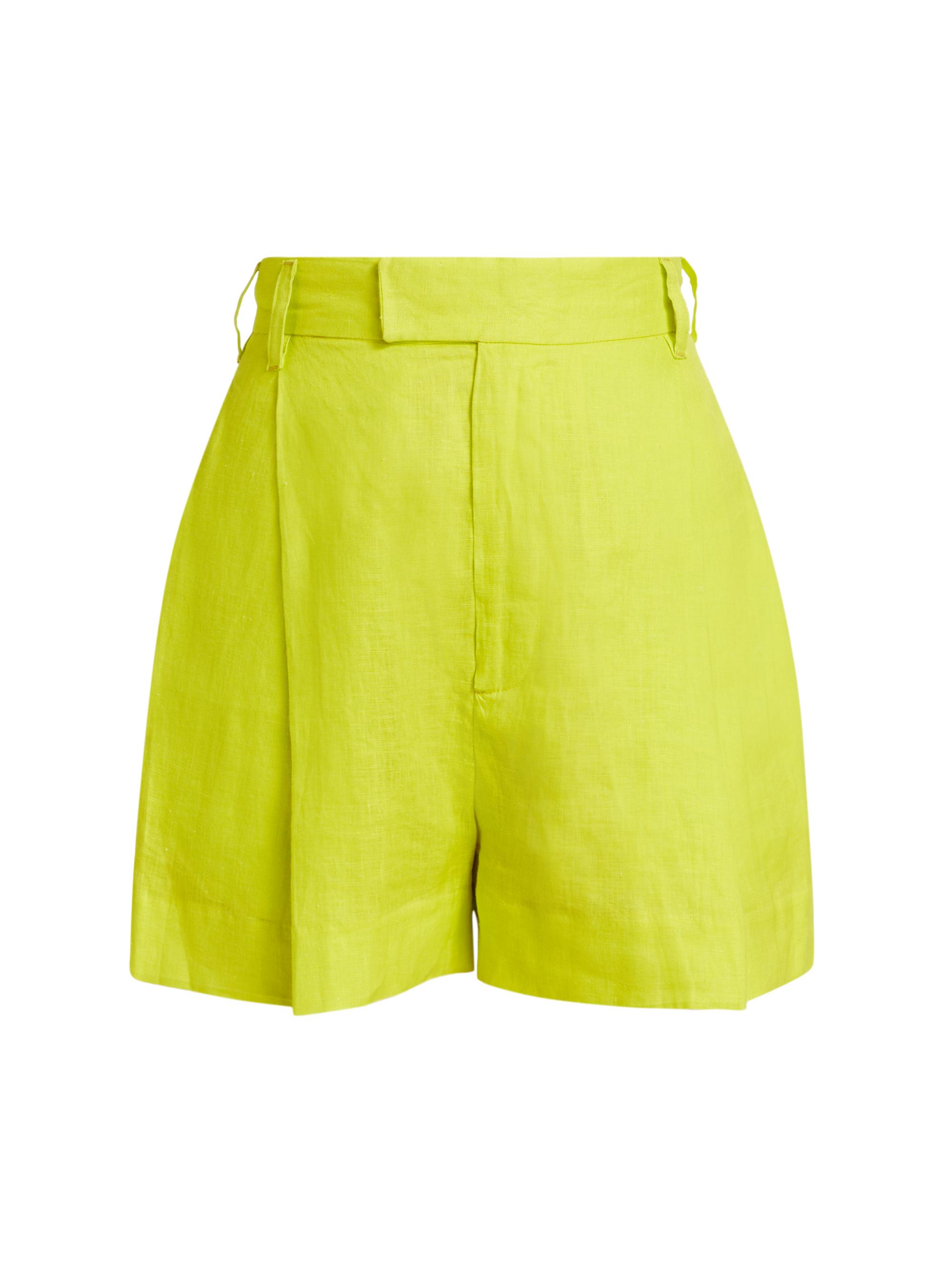 BruceGlen Women's Pleated High-Rise Linen Shorts - Neon Yellow