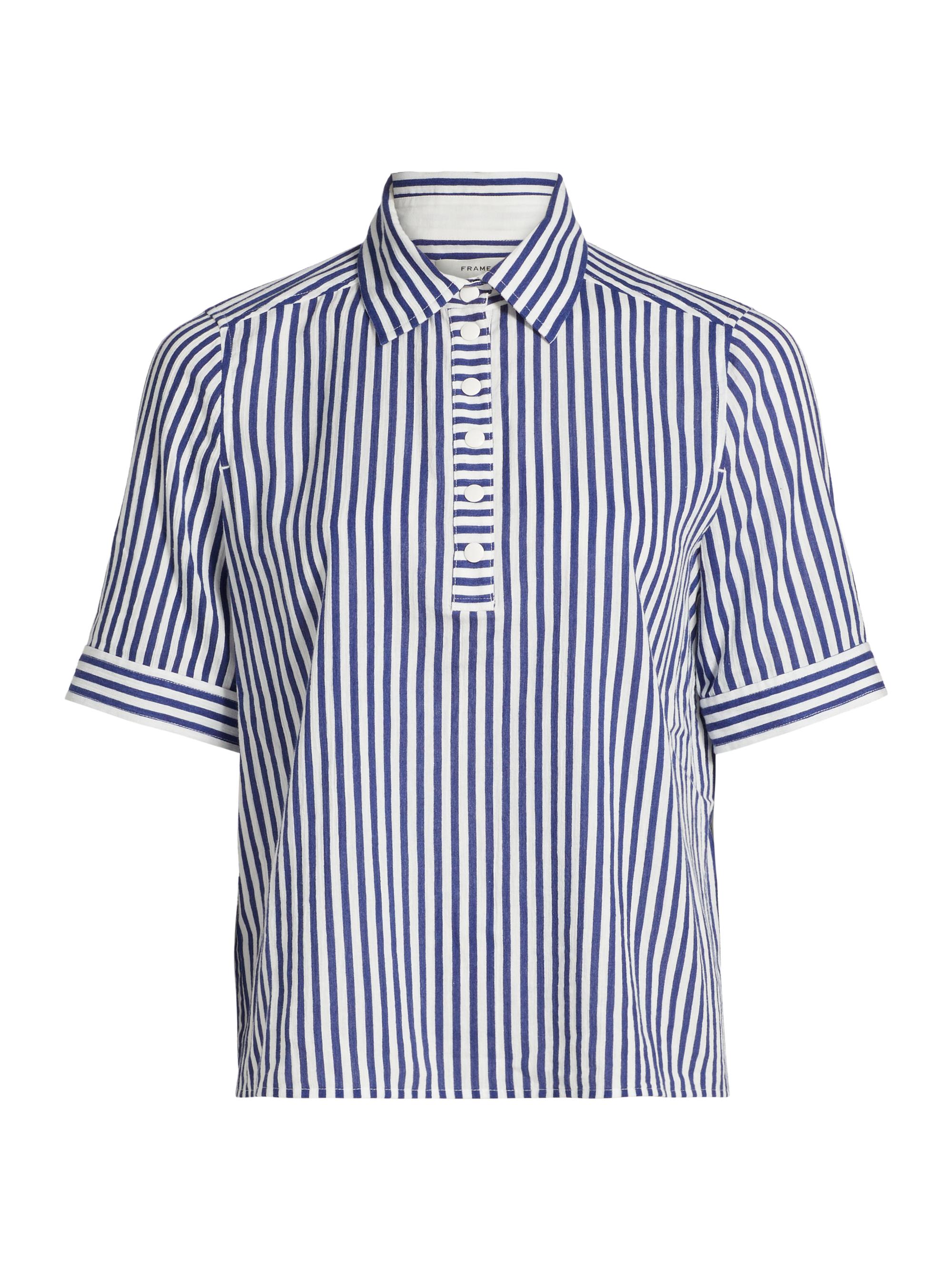 Frame Women's Snap Stripe Seersucker Polo Shirt - Marine Blue Multi