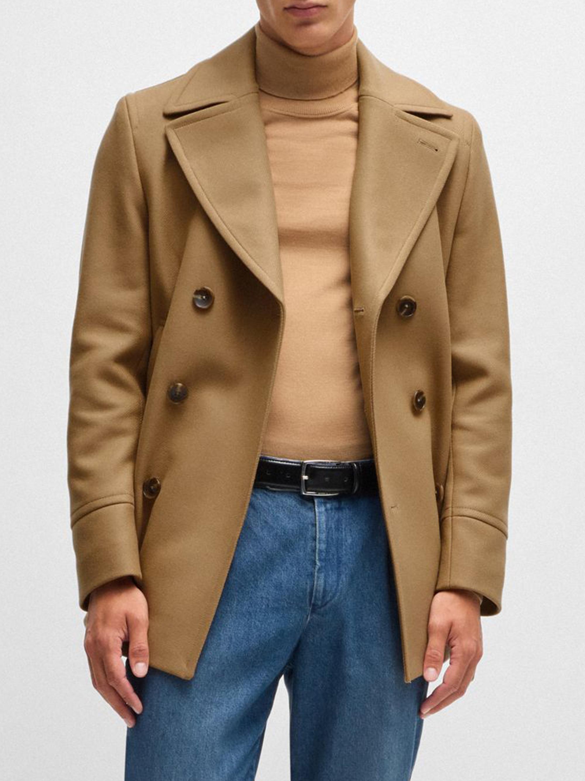 BOSS Men's Slim-Fit Double-Breasted Short Coat in Wool - Brown