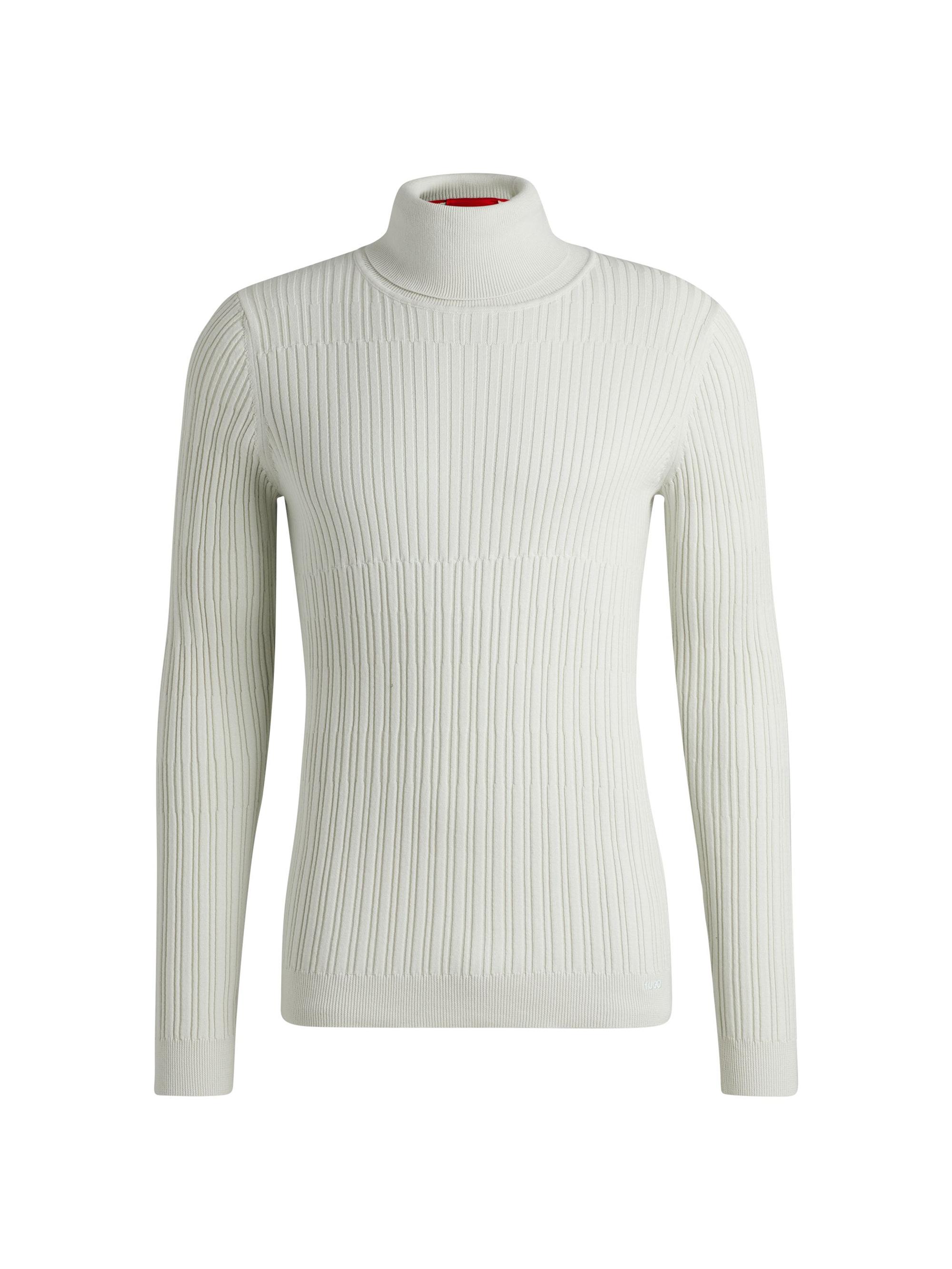 HUGO Men's Ribbed Rollneck Sweater in Cotton and Wool - White