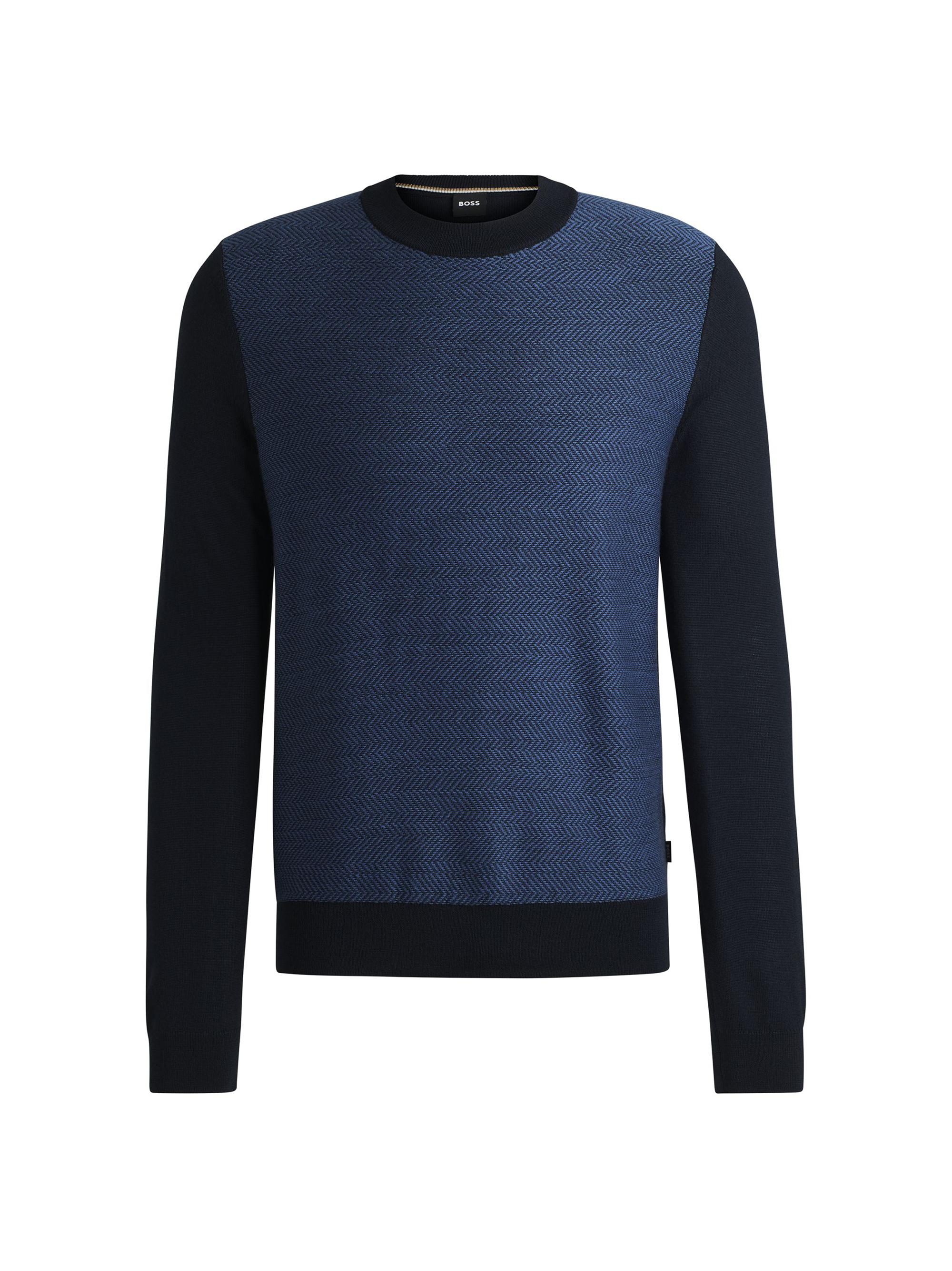 BOSS Men's Regular-Fit Sweater with Herringbone Structure - Dark Blue