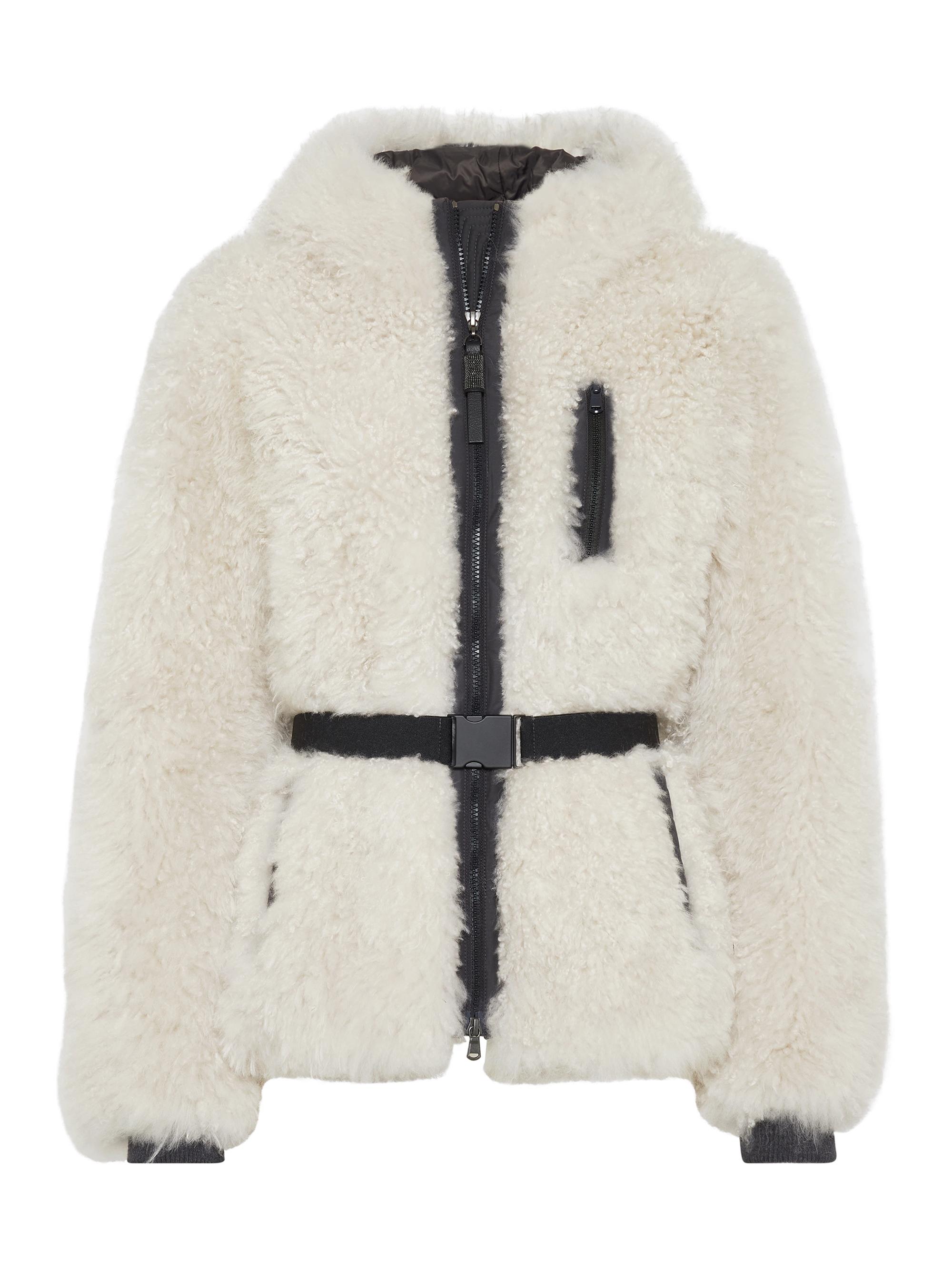 Brunello Cucinelli Women's Plush Cashmere Shearling Hooded and Belted Outerwear Jacket with Shiny Zipper Pull - Pearl Grey