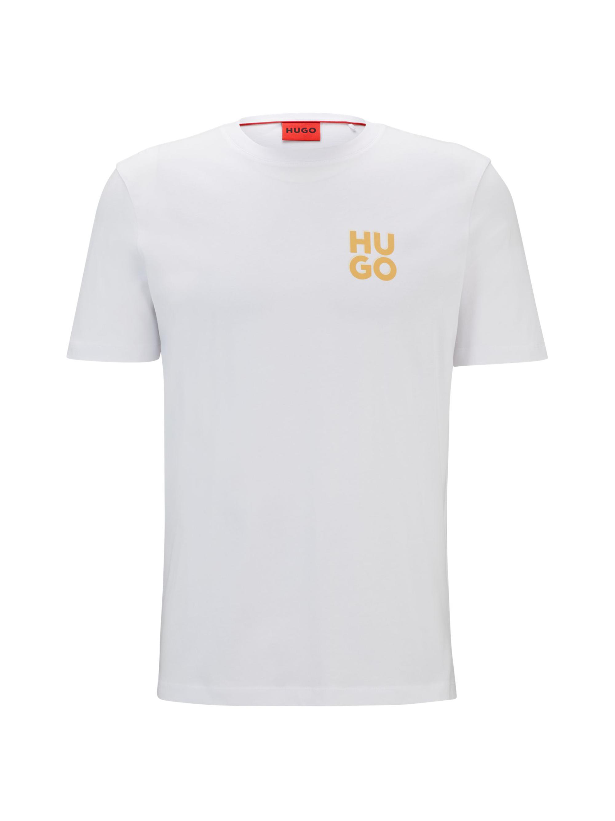 HUGO Men's Cotton-Jersey T-Shirt with Stacked Logo Print - White