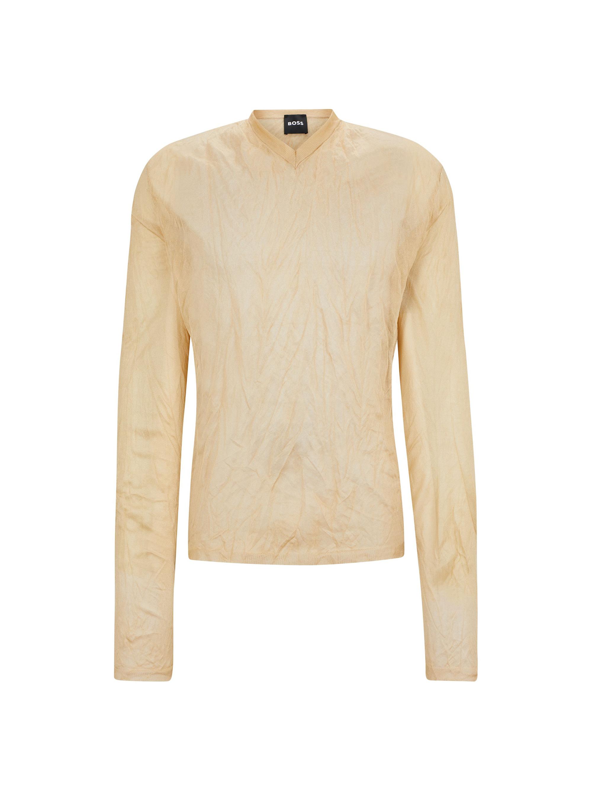 BOSS Men's V-Neck Sweater in Crinkled Knit with Metalized Fibers - Beige