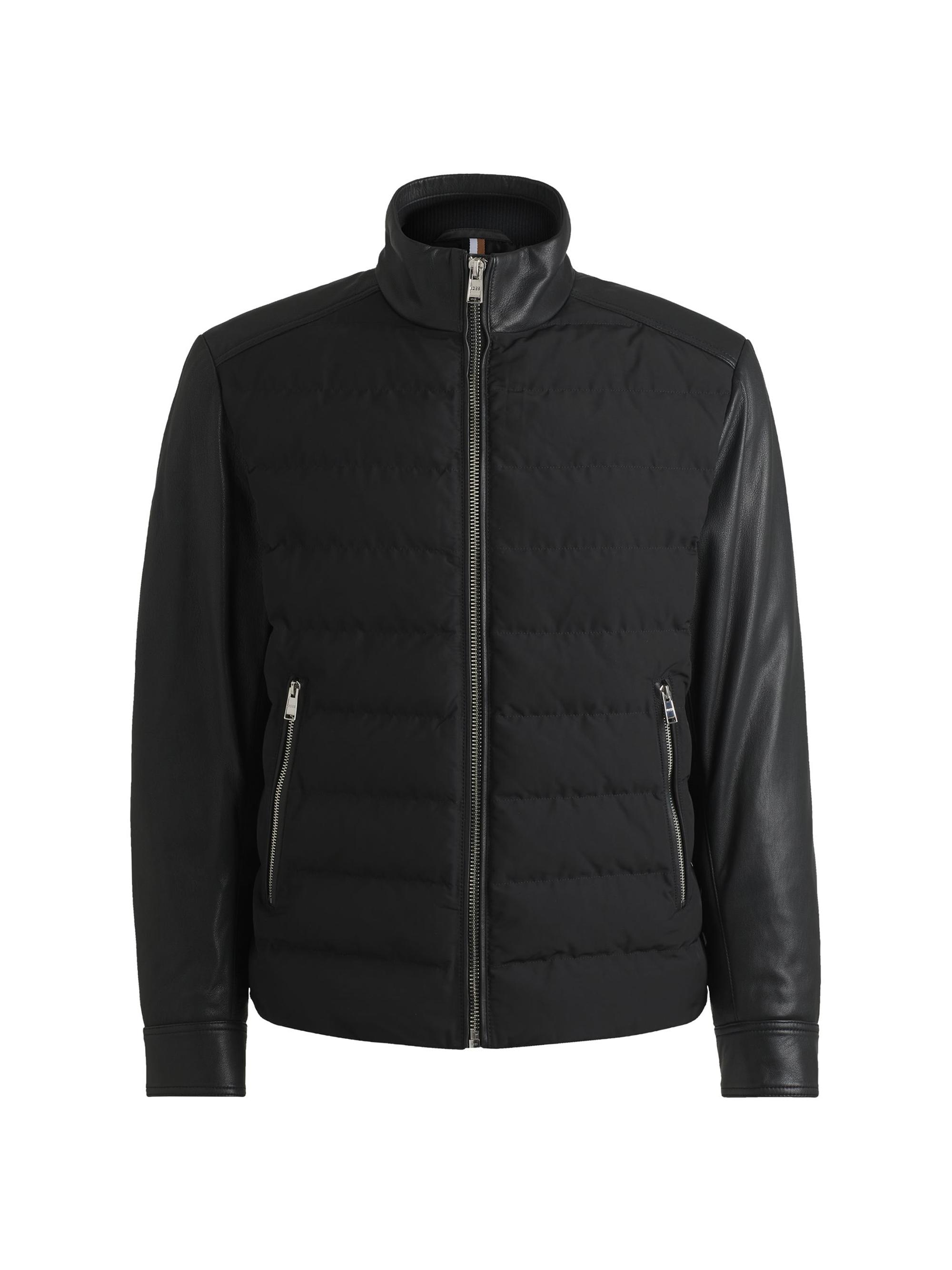 BOSS Men's Mixed-Material Regular-Fit Jacket with Leather Sleeves - Black