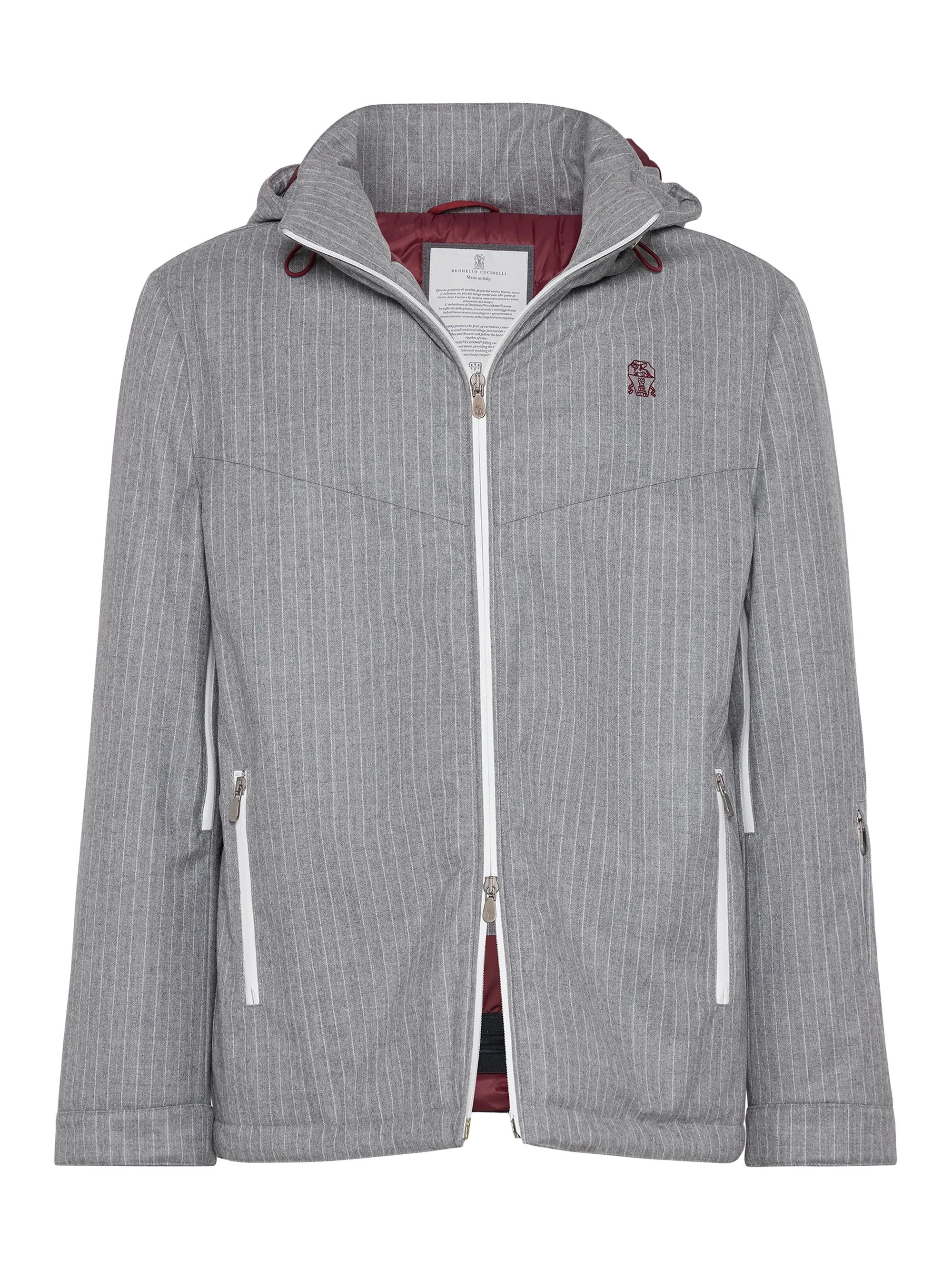 Brunello Cucinelli Men's Bonded Narrow Chalk Stripe Virgin Wool Flannel Mountain Parka with Thermore Padding - Pearl Grey