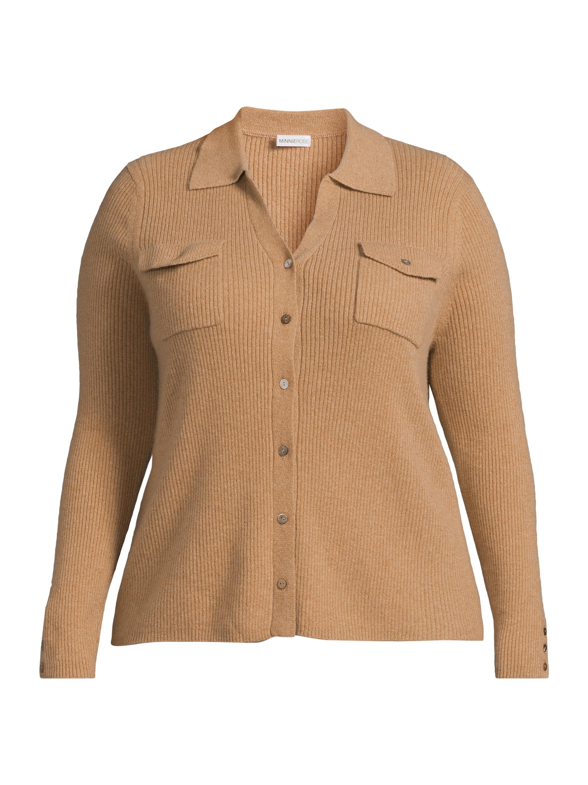 Minnie Rose Women's Cashmere Rib-Knit Button-Front Shirt - Camel