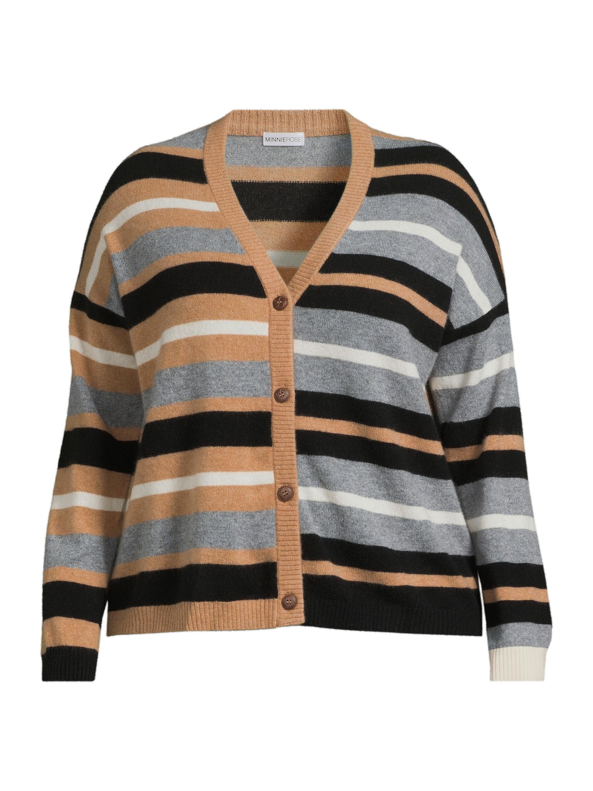 Minnie Rose Women's Striped Cashmere Cardigan - Neutral Combo