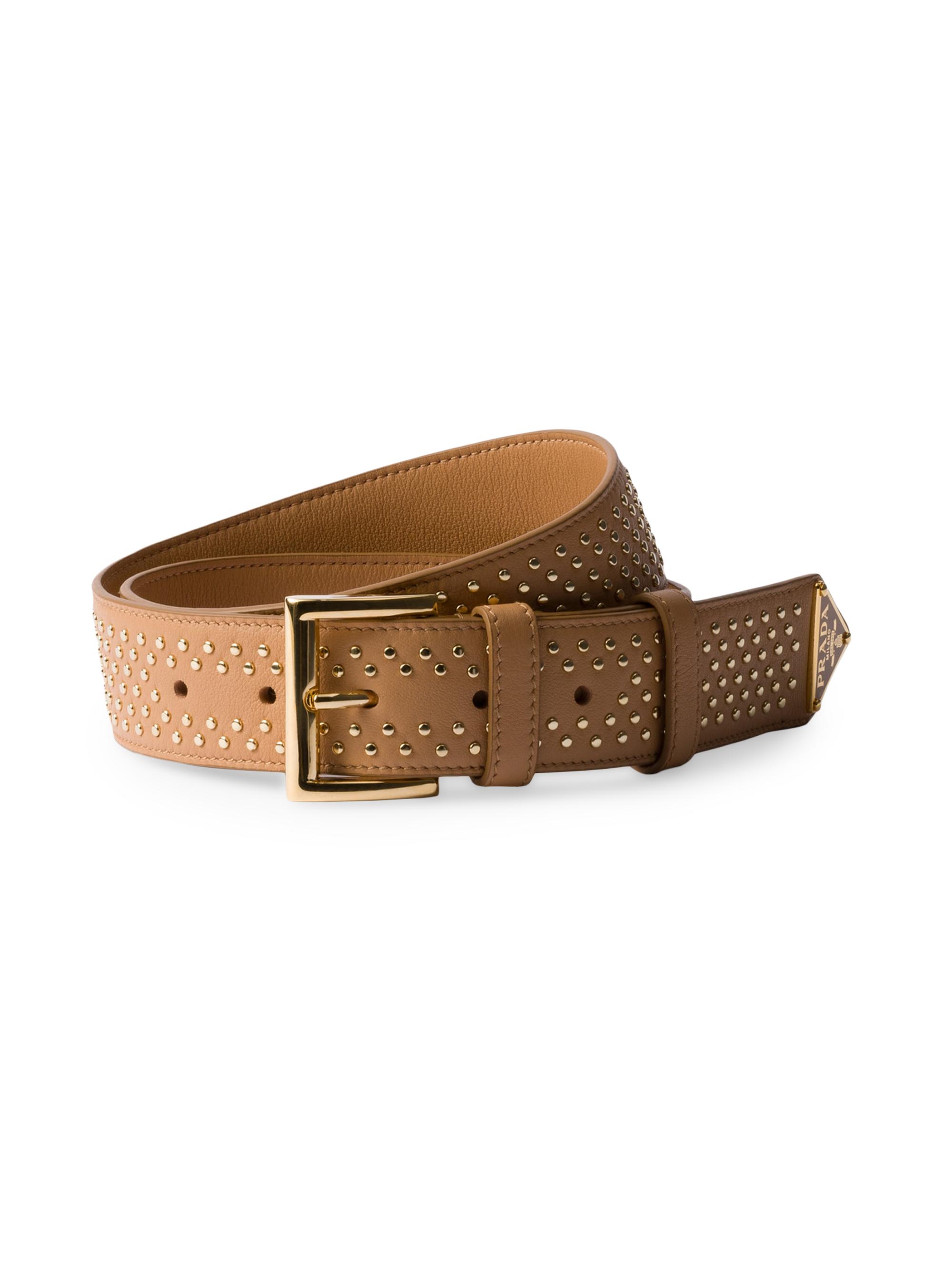 Prada Women's Leather Belt with Studs - Beige Khaki