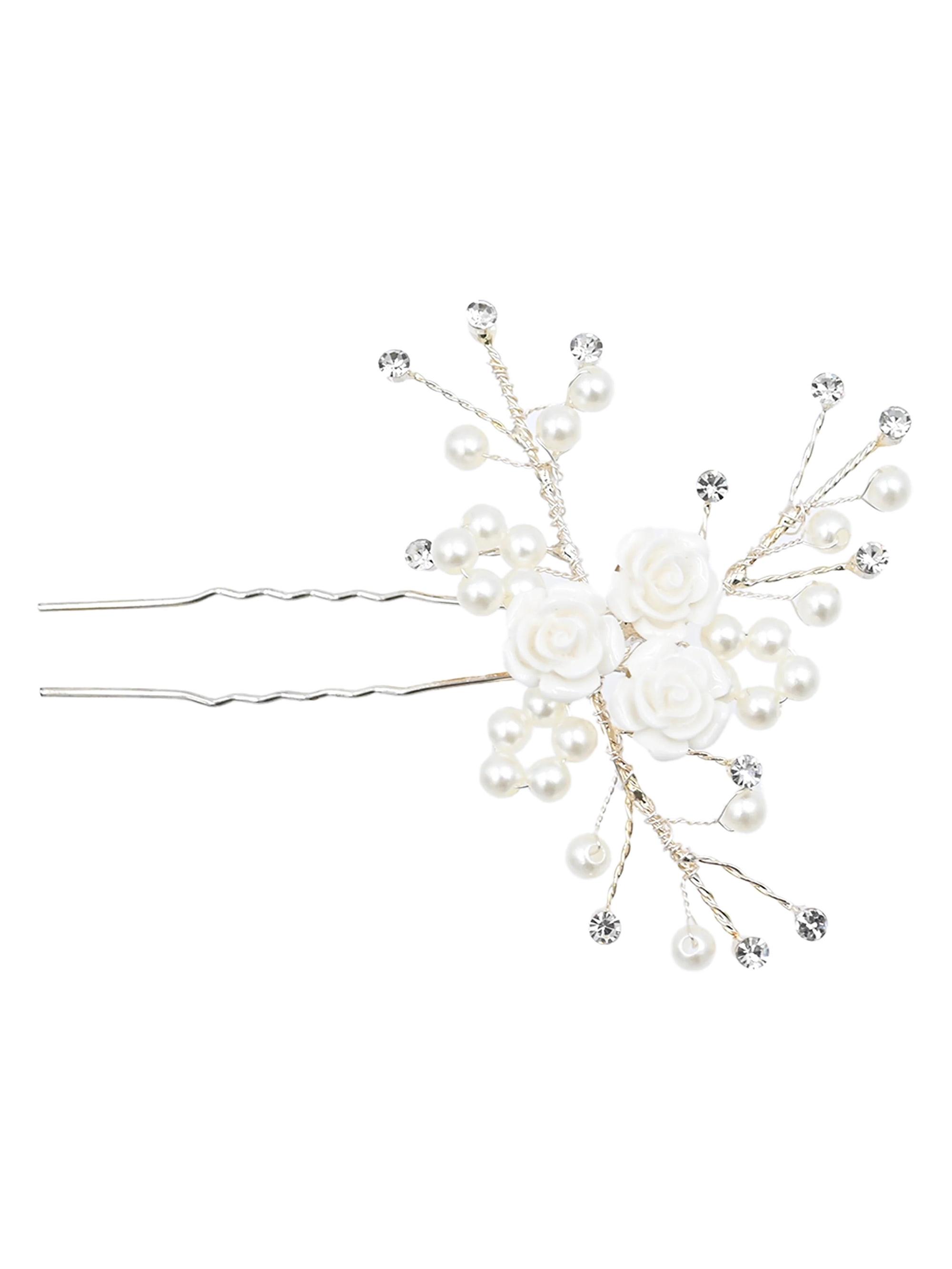 Tulleen Rhinestone Pearl Rose Hair Pin - Silver