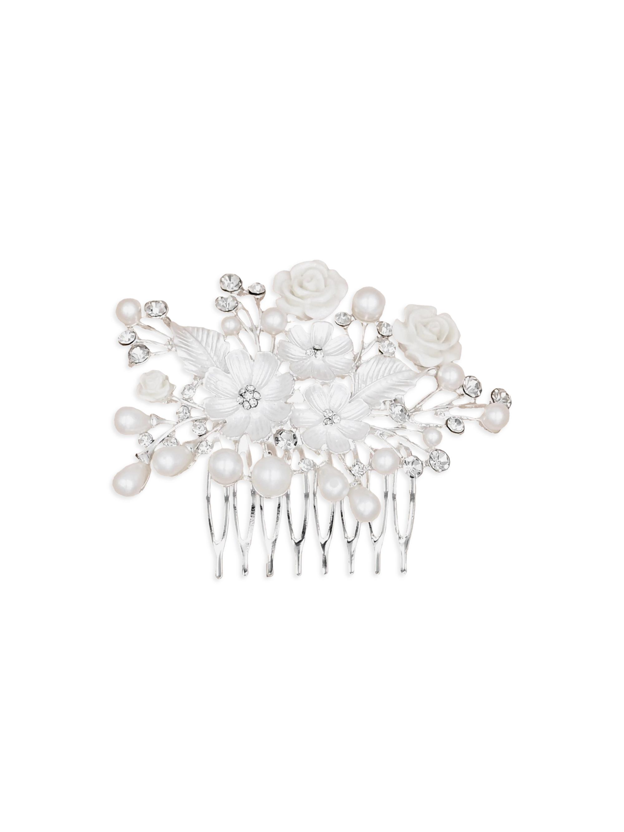 Tulleen Rhinestone Pearl and Floral Hair Comb - Silver
