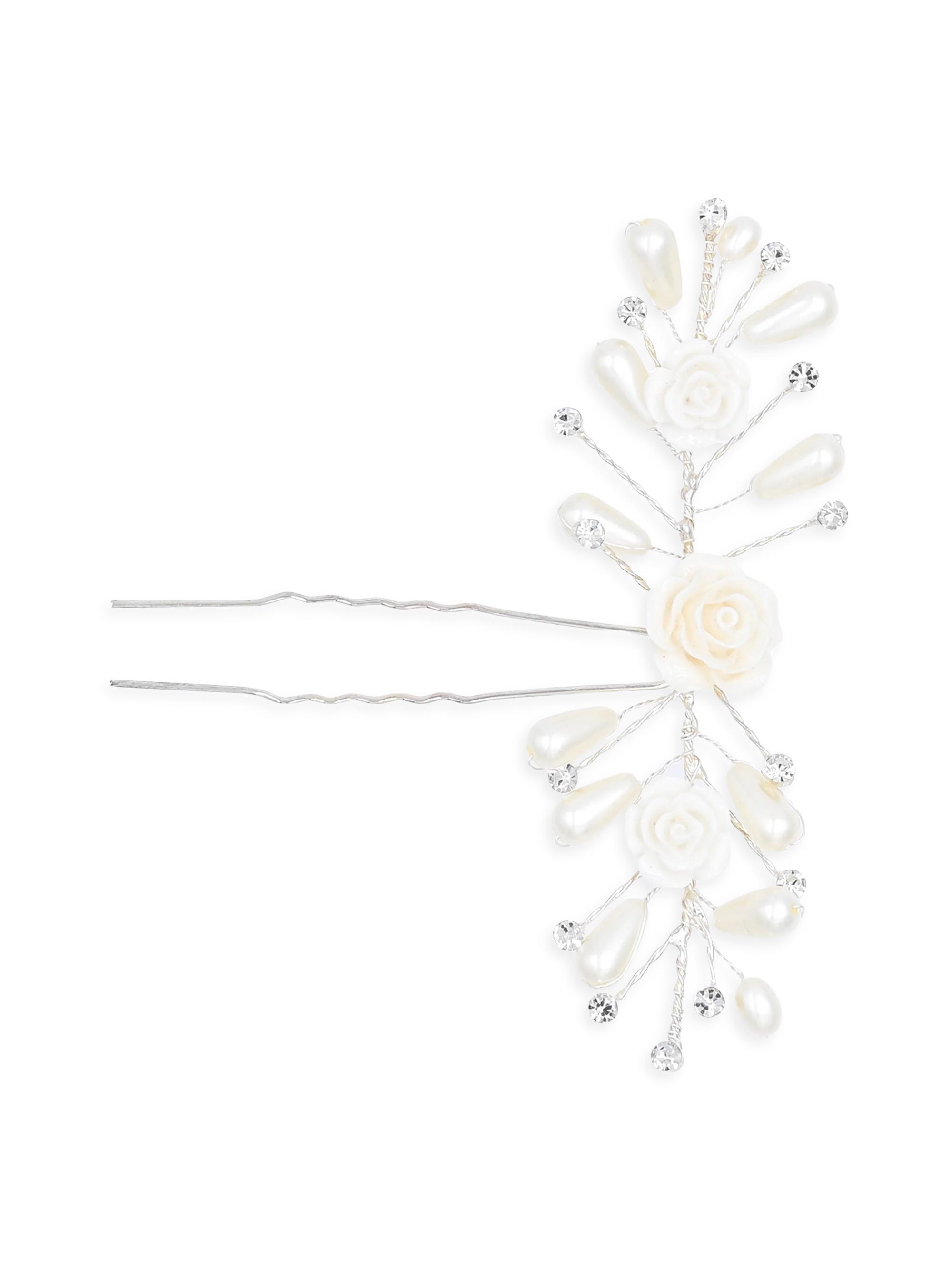 Tulleen Rhinestone Pearl and Rose Hair Pin - Silver