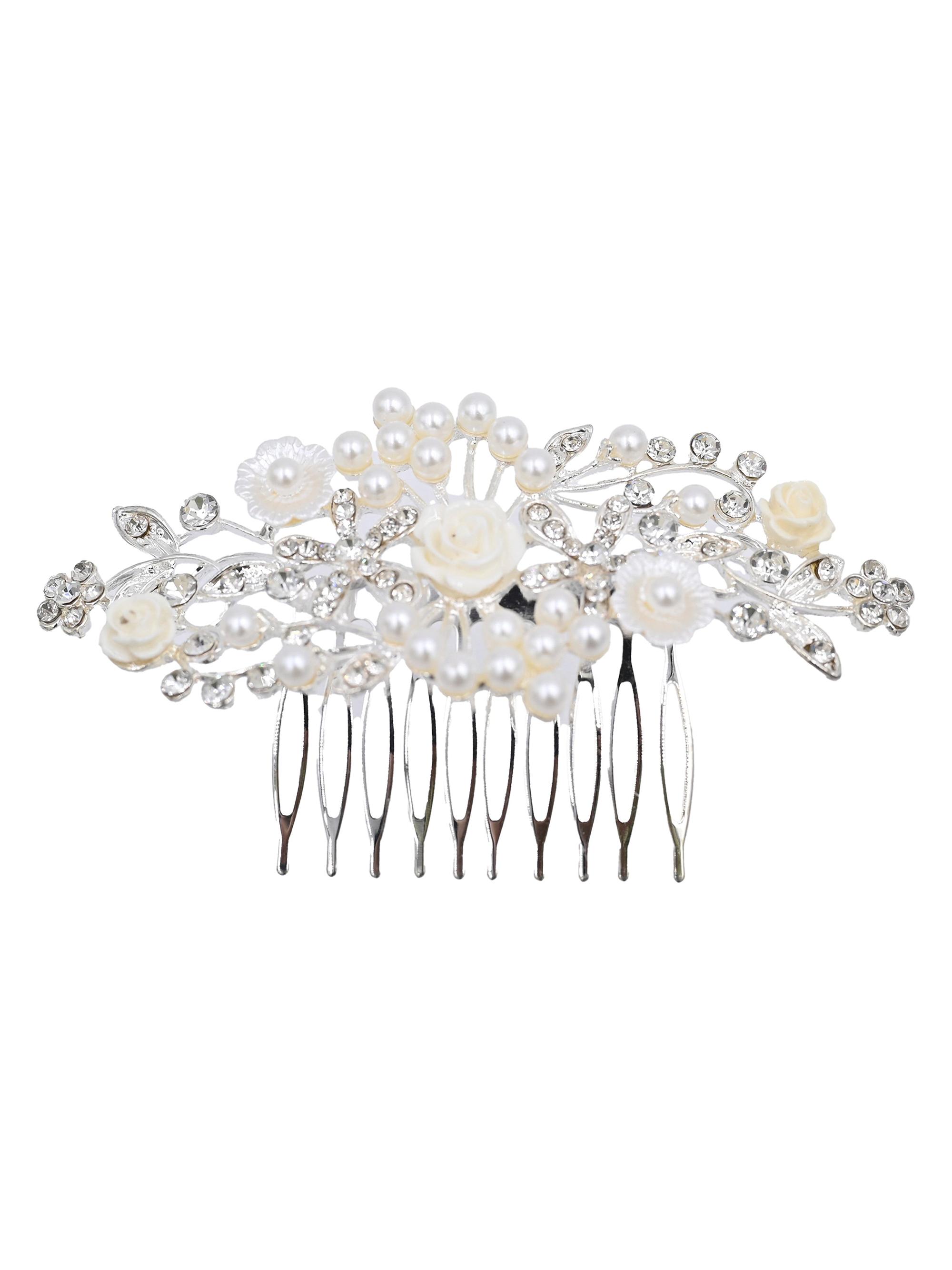 Tulleen Rhinestone Pearl and Floral Hair Comb - Silver
