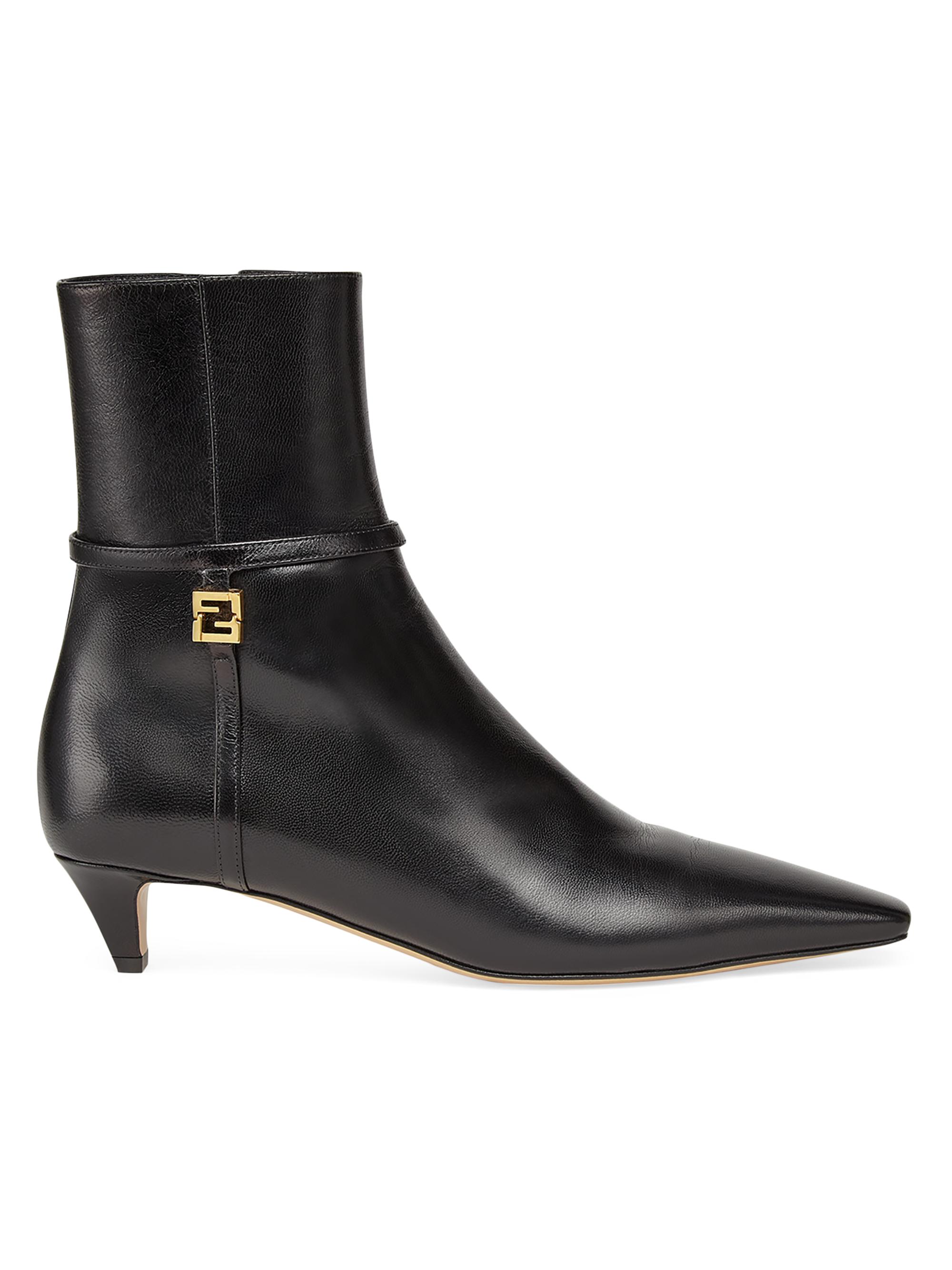 Fendi Women's Fold Leather Kitten-Heel Booties - Nero