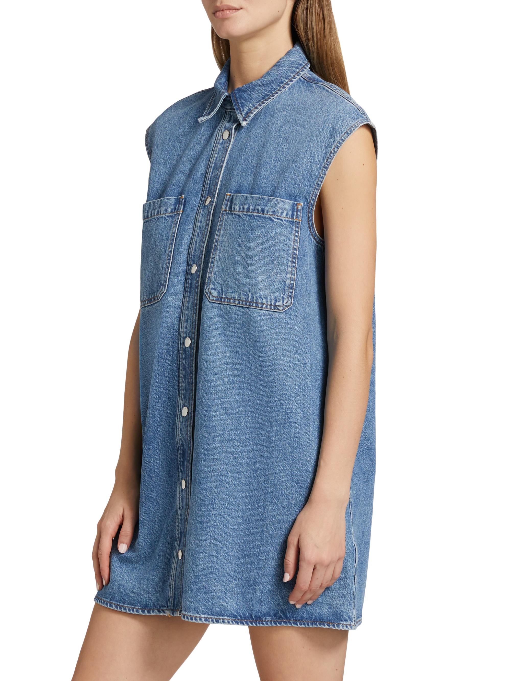 FRAME The Sleeveless Front-Snap Denim Mini Shirtdress | Saks Fifth Avenue