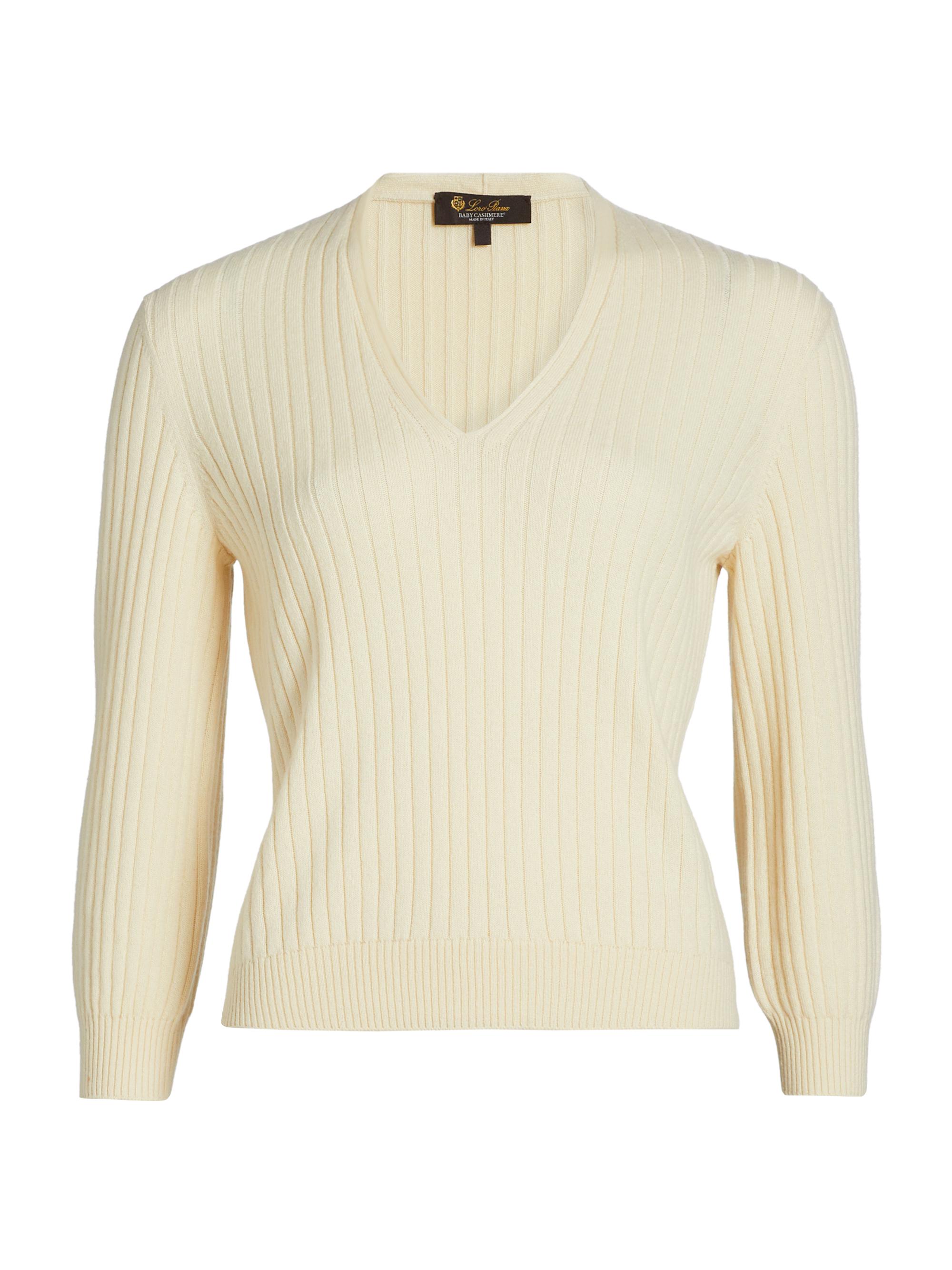 Loro Piana Women's Coste Baby Cashmere V-Neck Sweater - White Snow