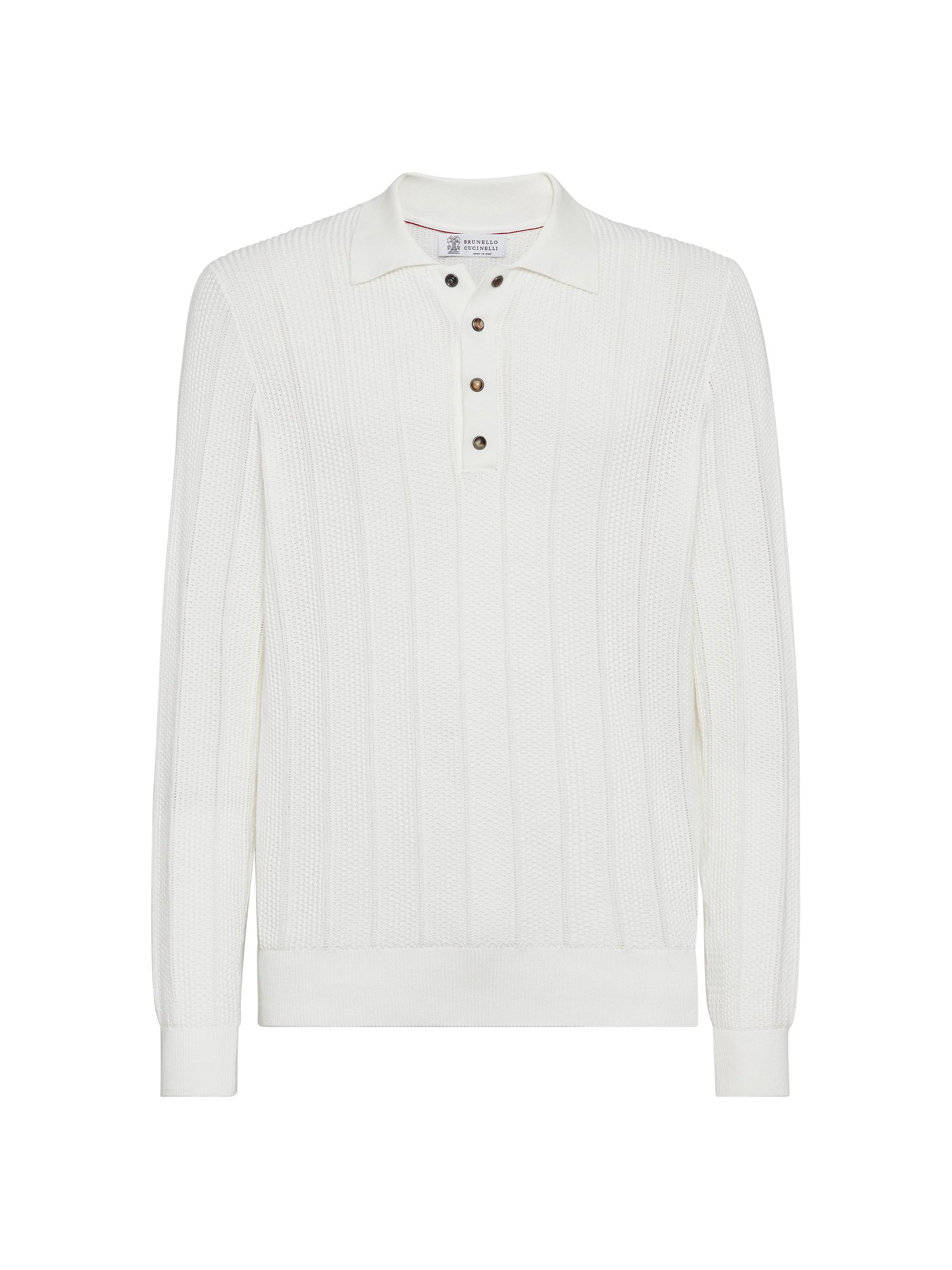 Brunello Cucinelli Men's Cotton Textured Rib Knit Polo Shirt with Long Sleeves - Panama