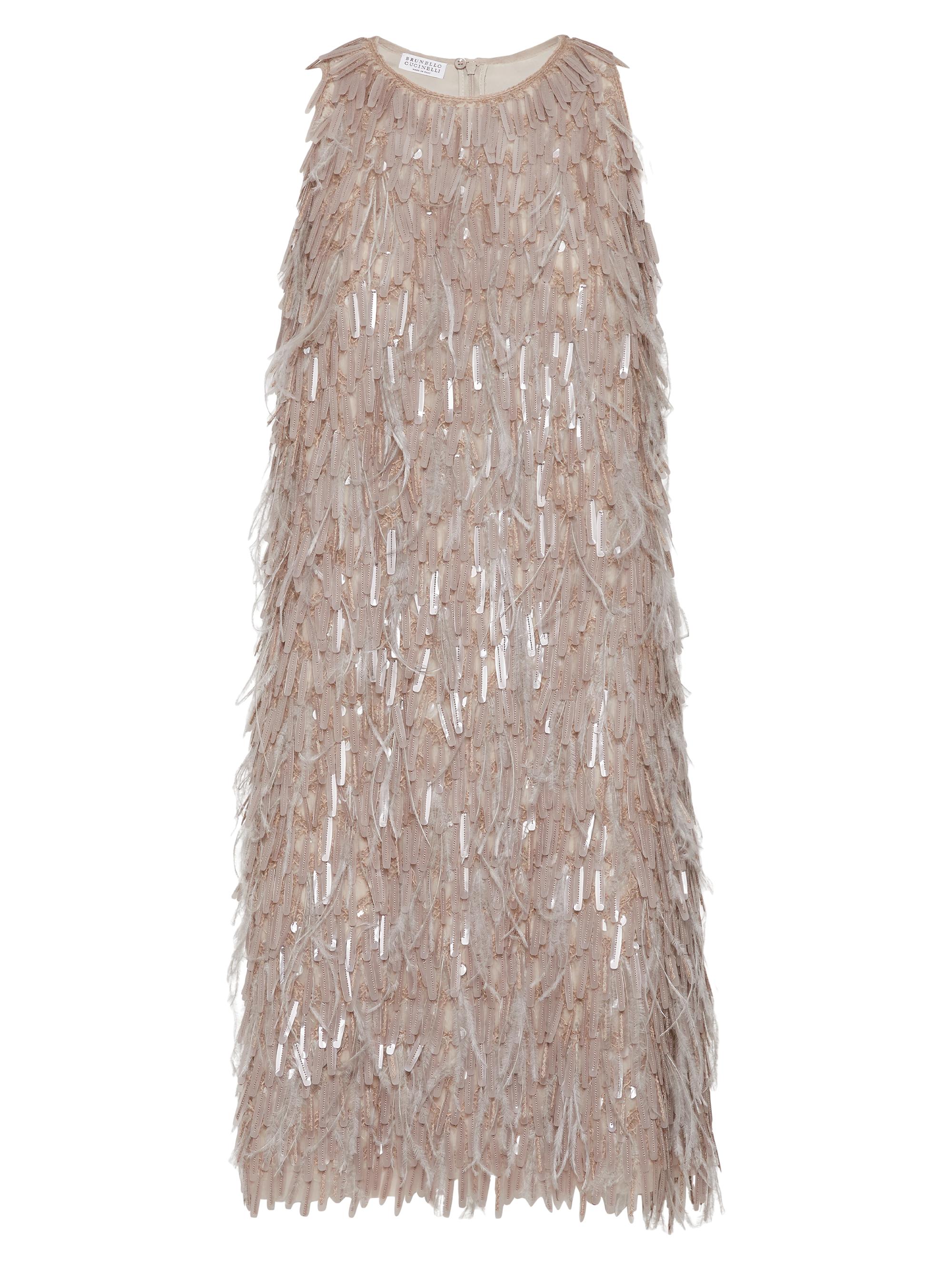 Brunello Cucinelli Women's Dazzling Cascade Embroidery Dress in Crispy Silk With Feathers - Sand