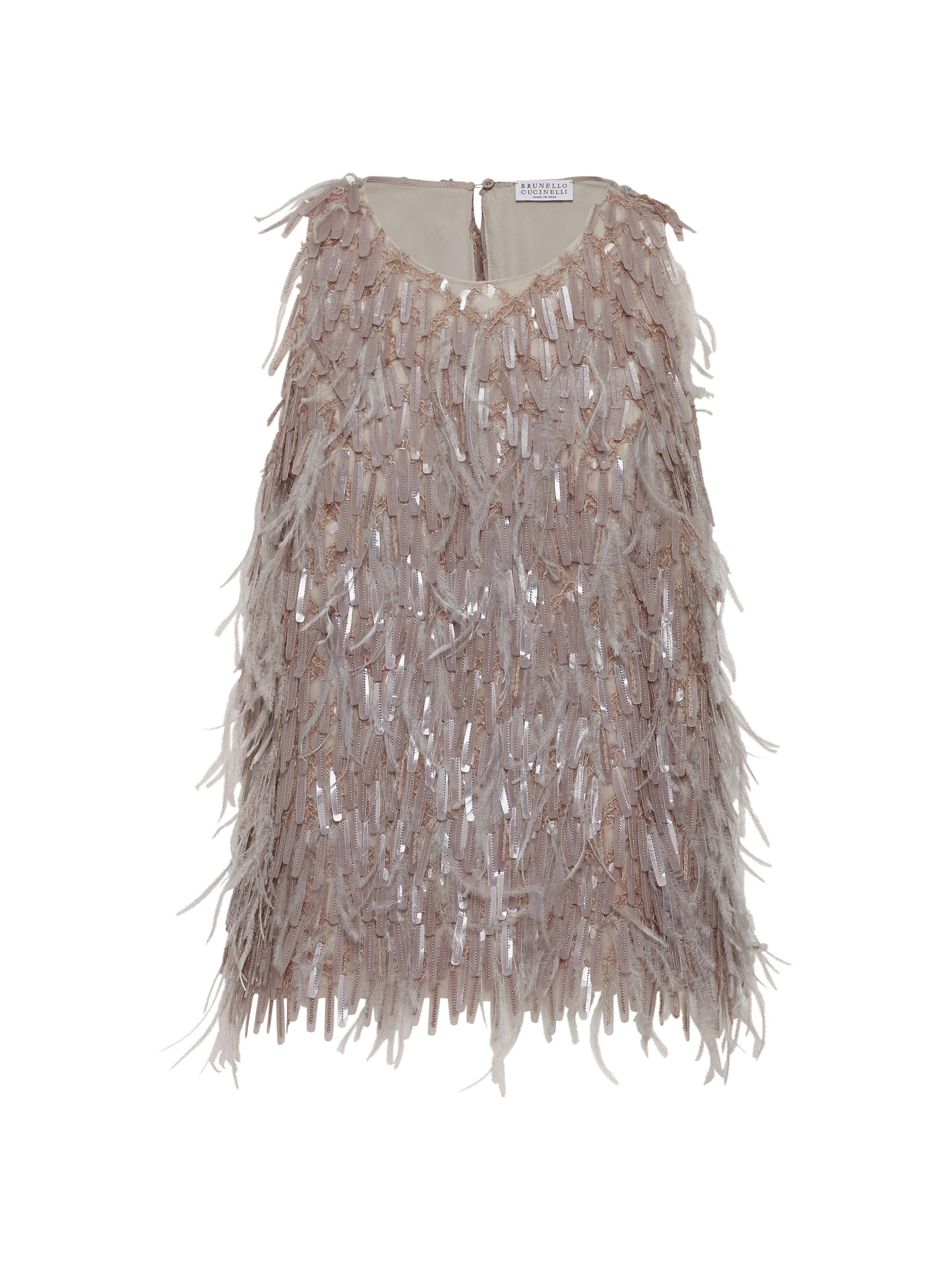 Brunello Cucinelli Women's Dazzling Cascade Embroidery Top in Crispy Silk with Feathers - Sand