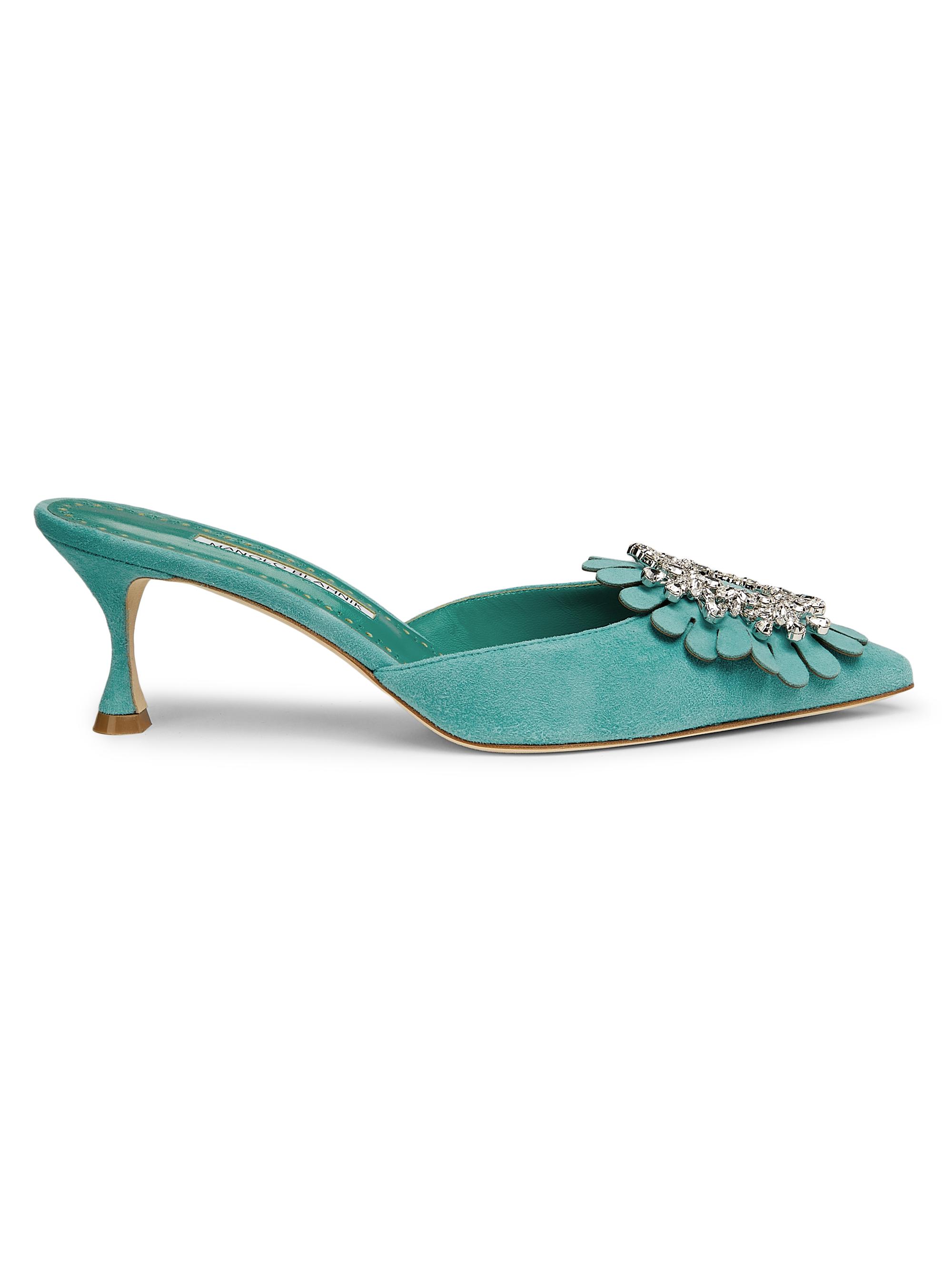 Manolo Blahnik Women's Shogu Gala 50MM Embellished Suede Mules - Turquoise
