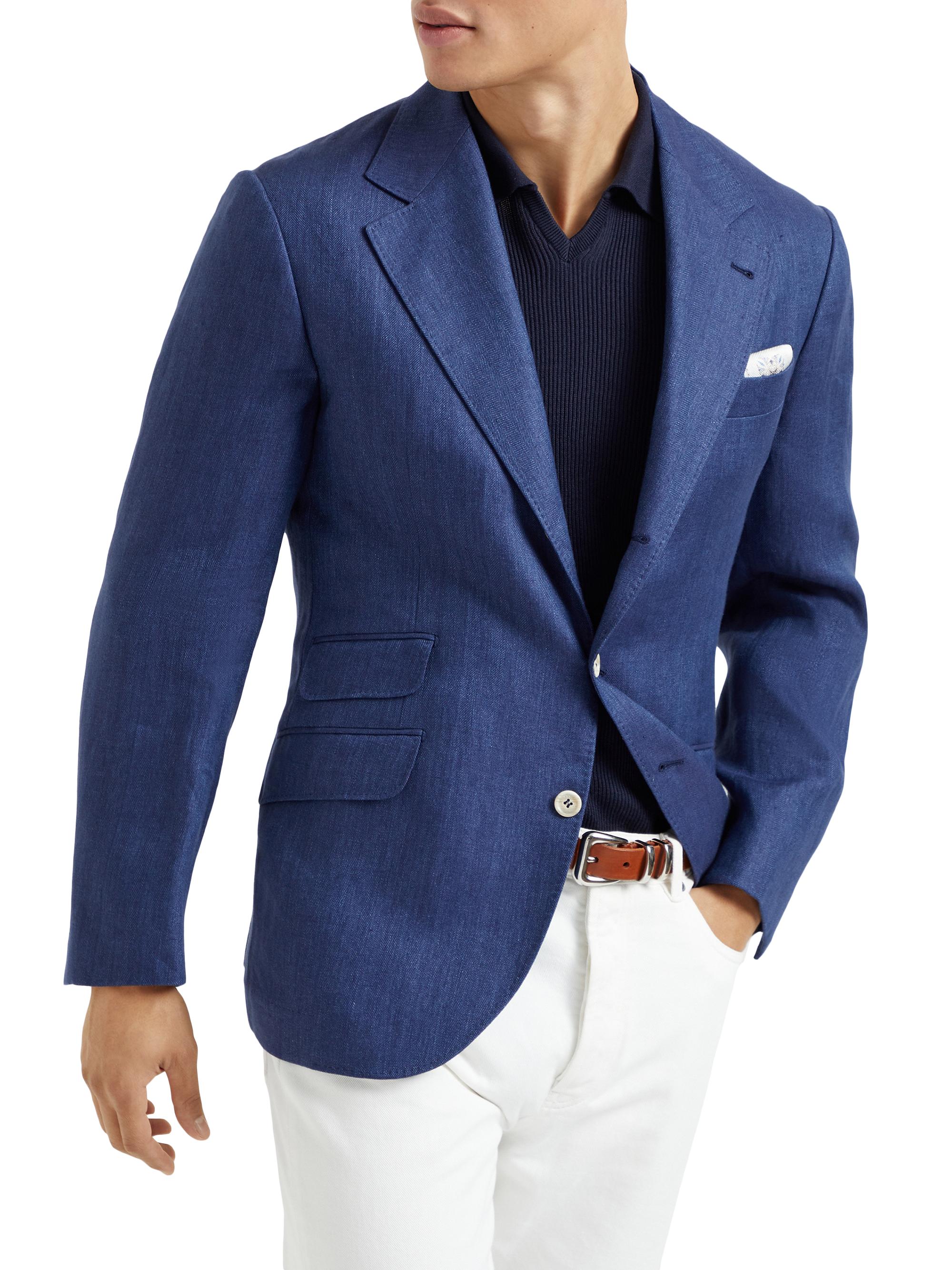 Brunello Cucinelli Men's Linen Chevron Deconstructed Cavallo Blazer - Denim Blue