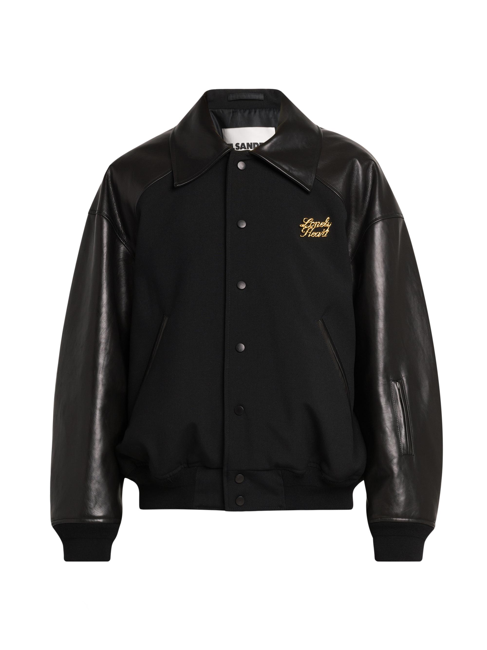 Jil Sander Men's Lonely Heart-Embroidered Wool & Leather Varsity Jacket - Black