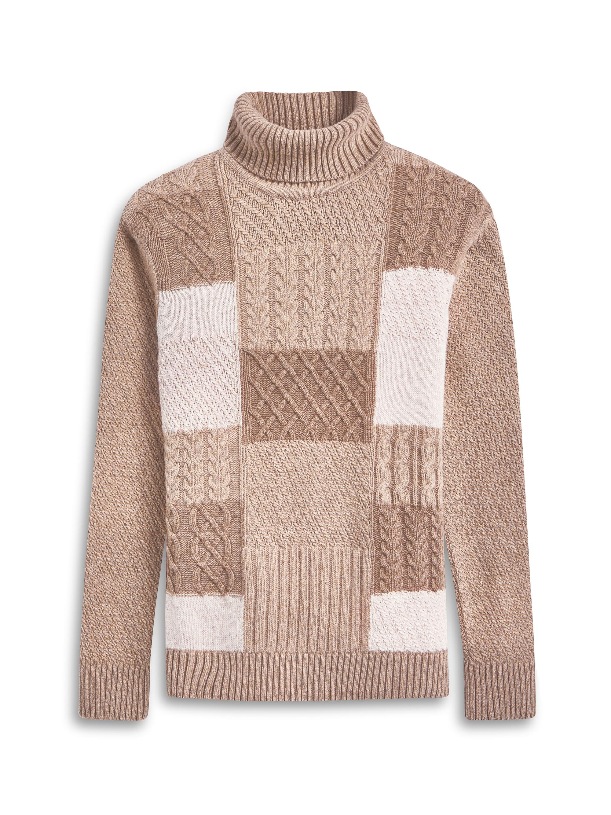 Bugatchi Men's Wool-Cotton Patchwork Turtleneck Sweater - Stone