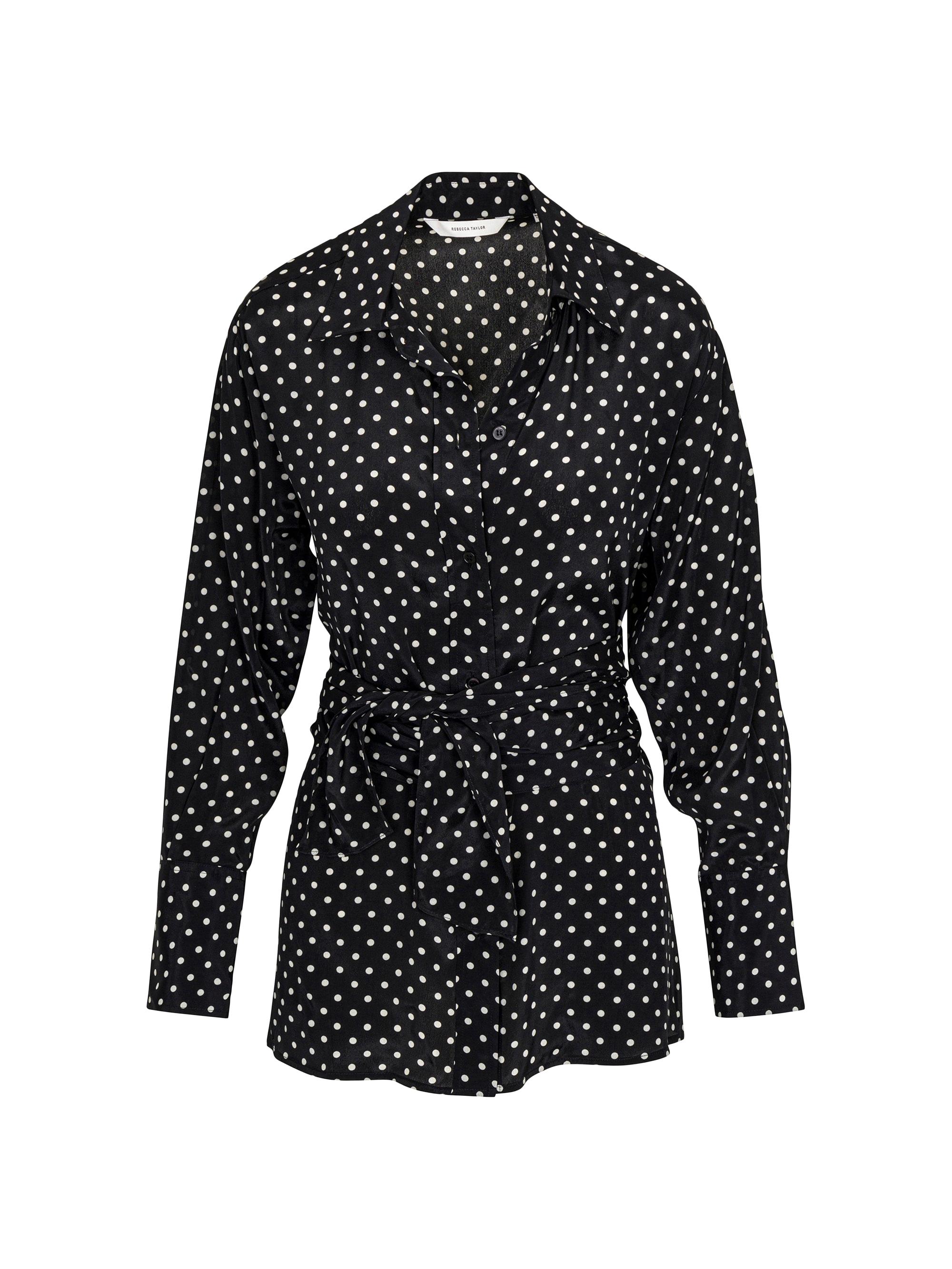 Rebecca Taylor Women's Polka Dot Silk-Blend Wrap-Waist Shirt - Black Dot Combo