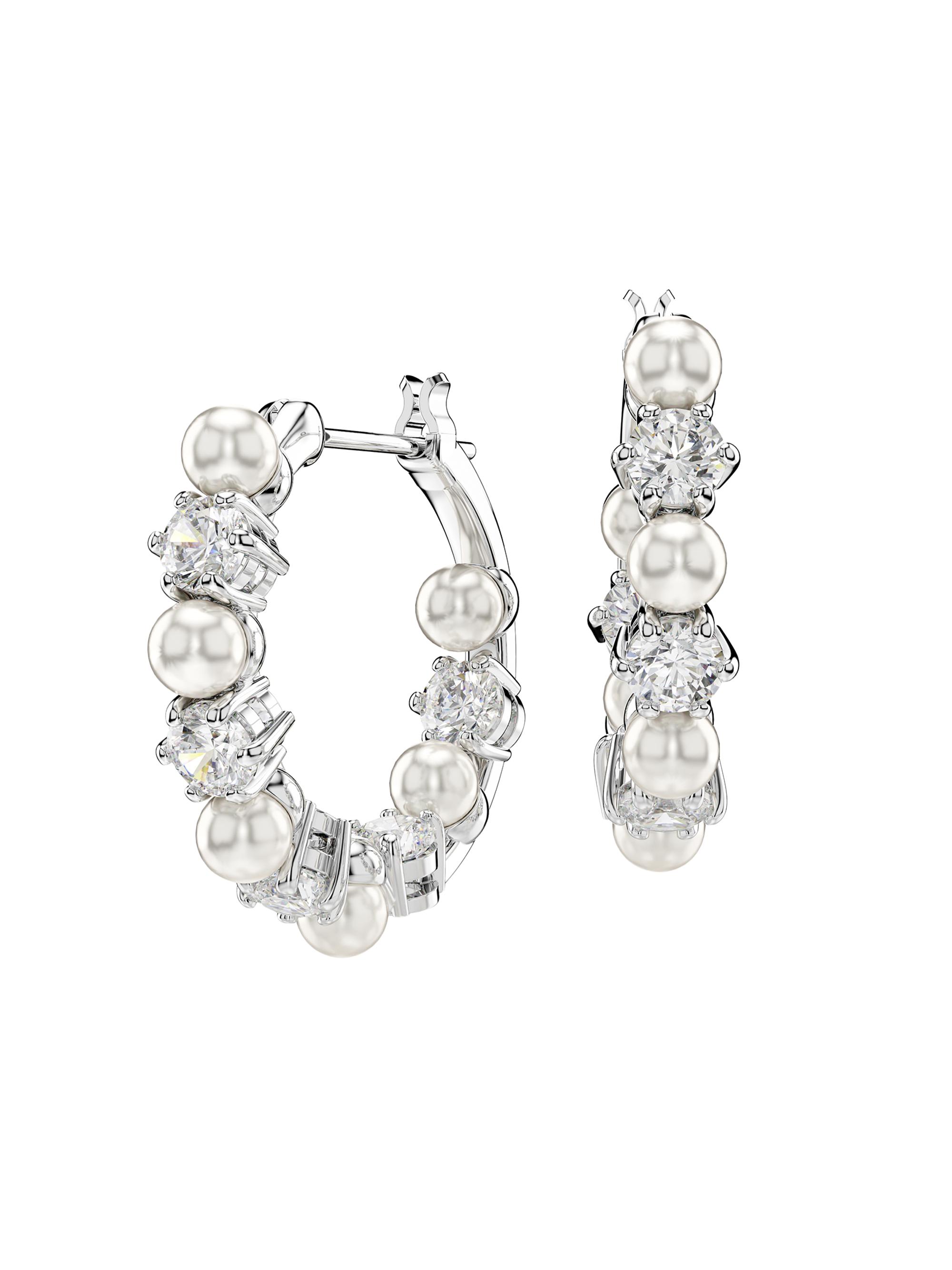 Swarovski Women's Matrix Rhodium-Plated, Imitation Pearl & Crystal Hoop Earrings - White