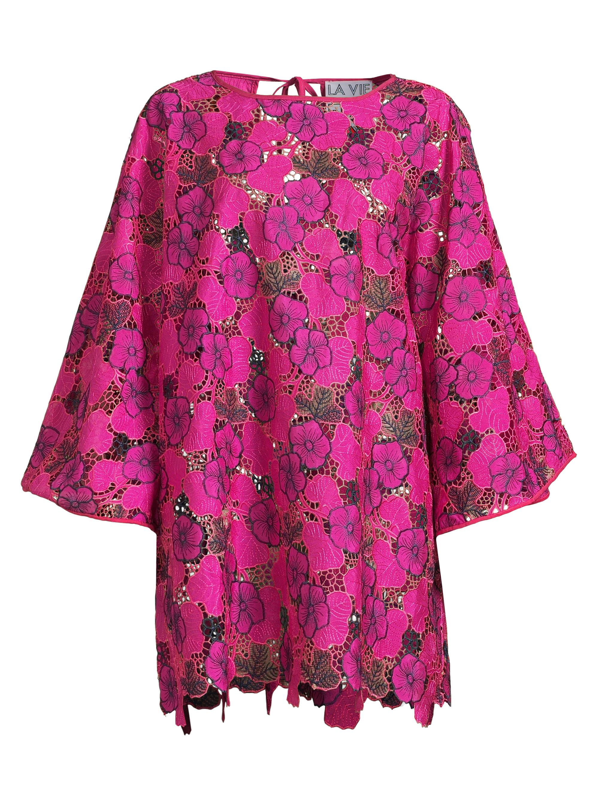 La Vie Style House Women's Leafy Floral Lace Mini Caftan - Magenta