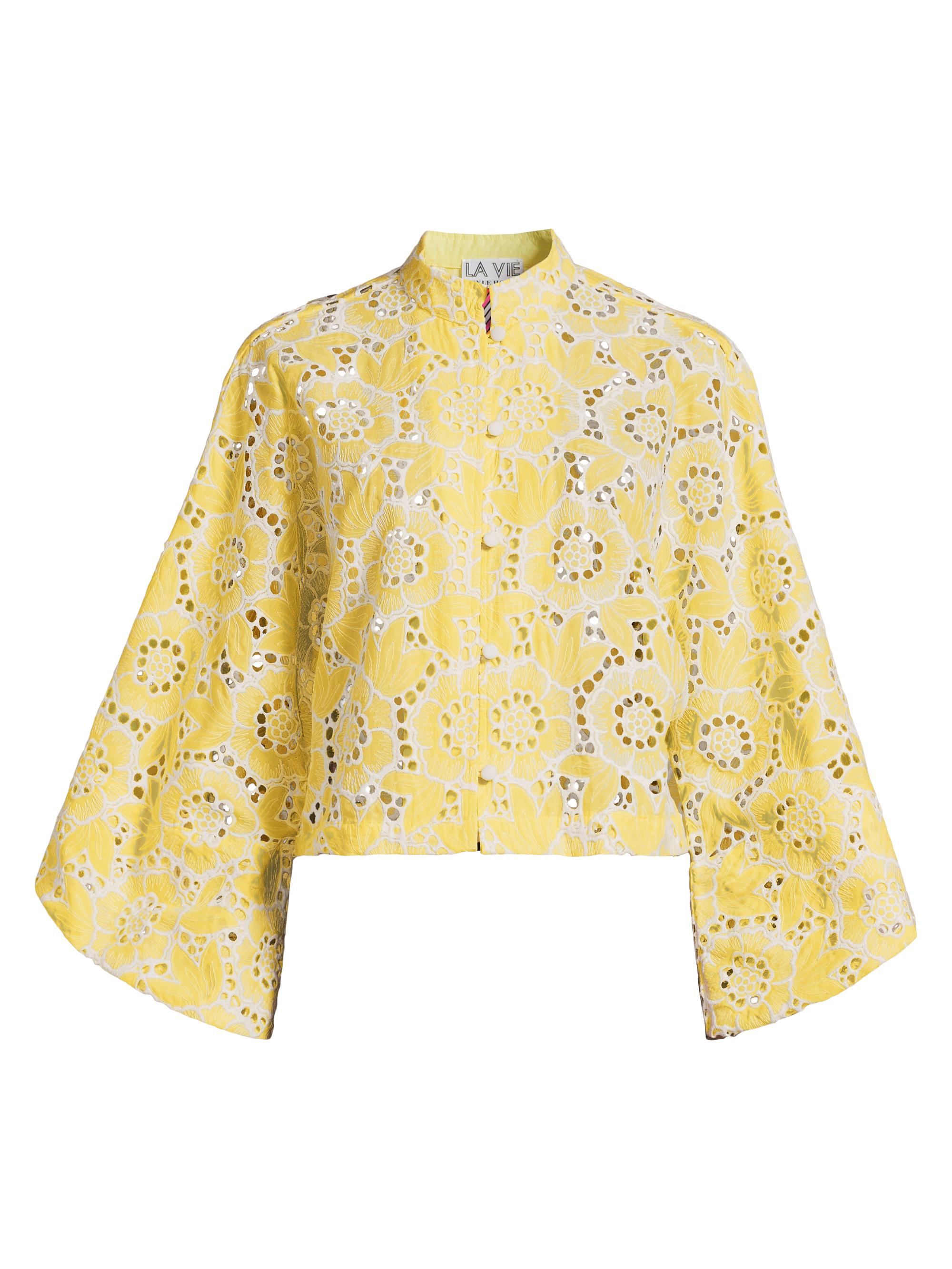 La Vie Style House Women's Lace Cropped Jacket - Yellow