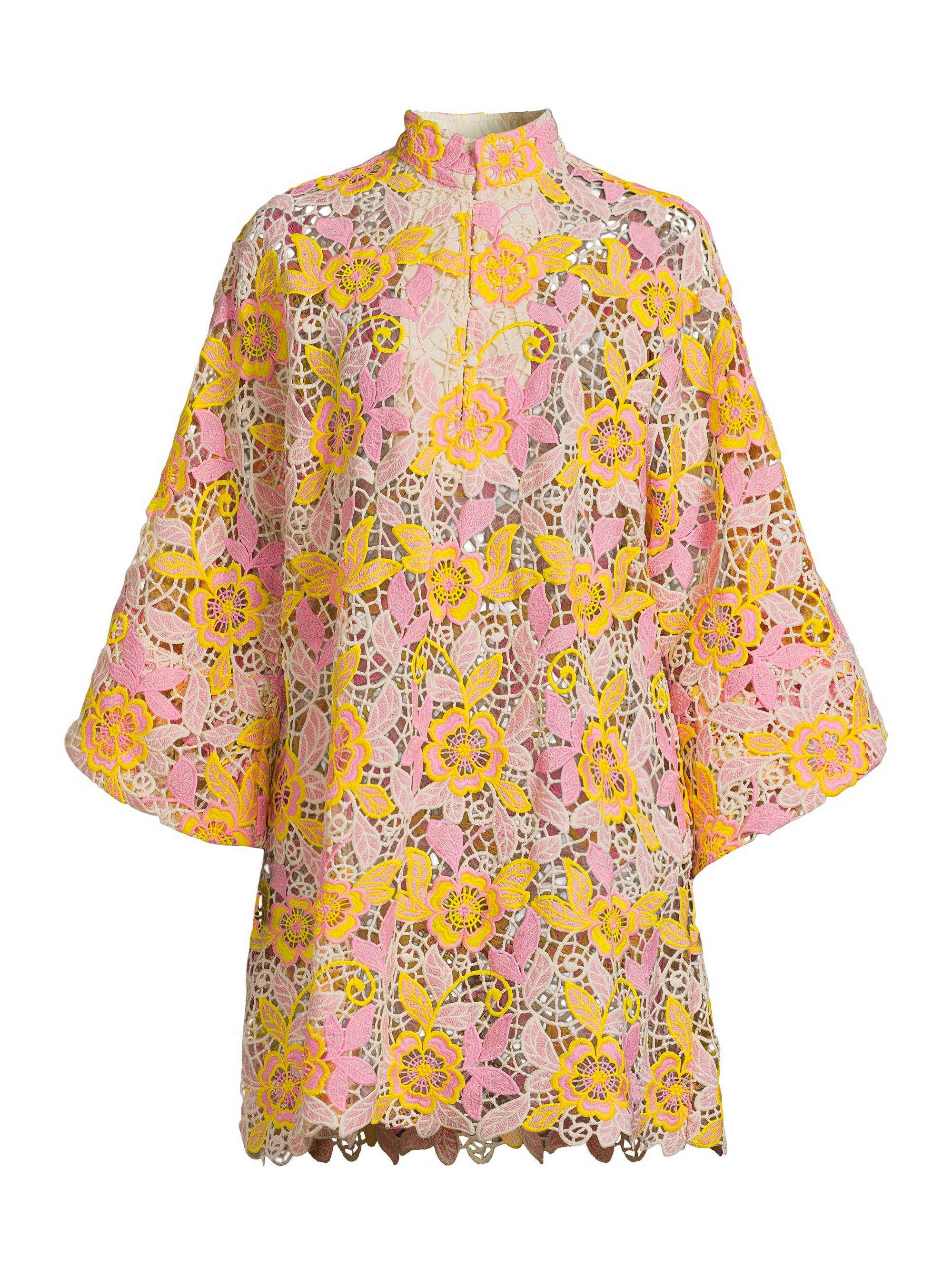 La Vie Style House Women's Floral Lace Mini Caftan - Pink Yellow